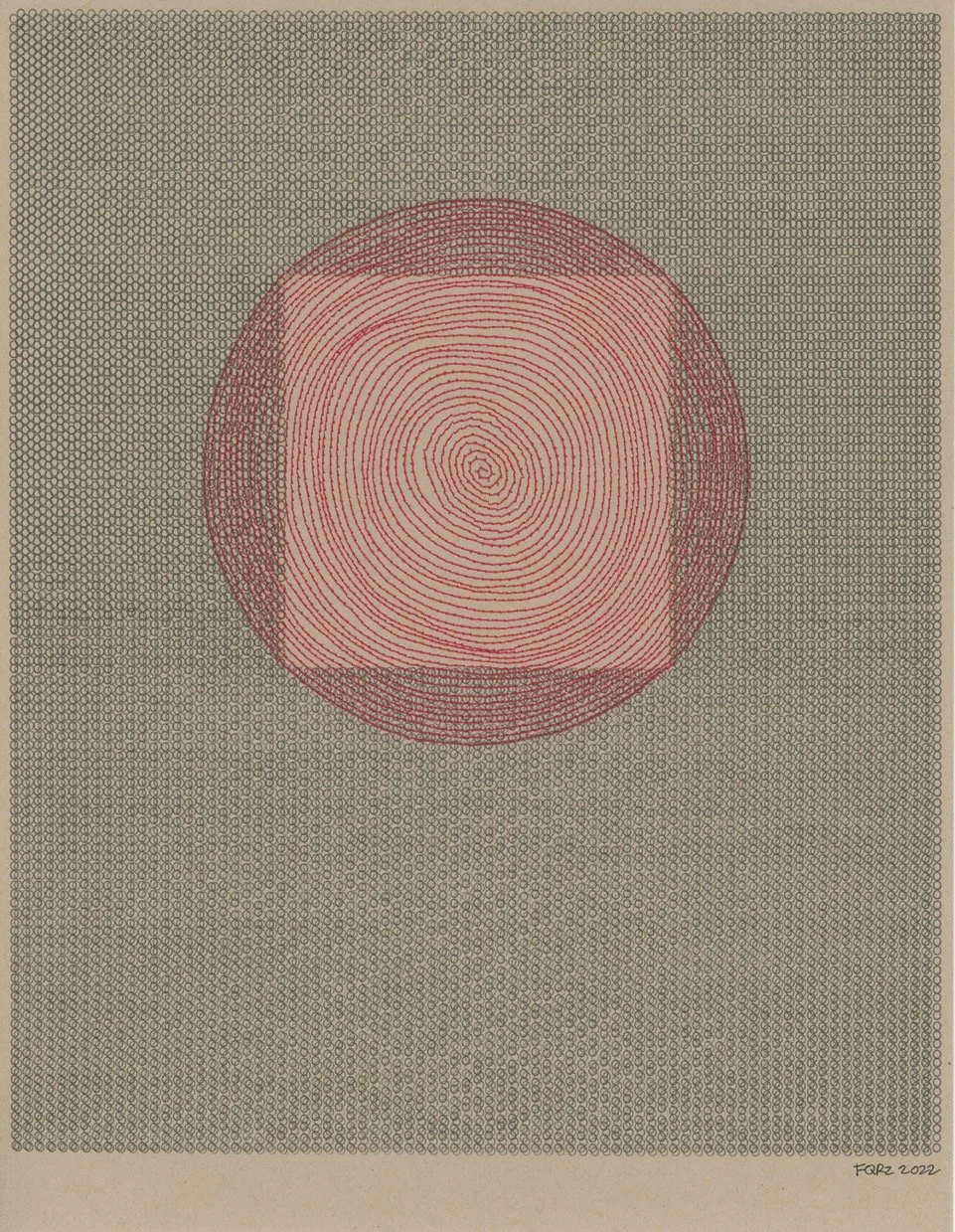 #2022-00576 11” x 8.5”, typewriter ink, red thread on craft paper, Olympia SM9, framed. $925.