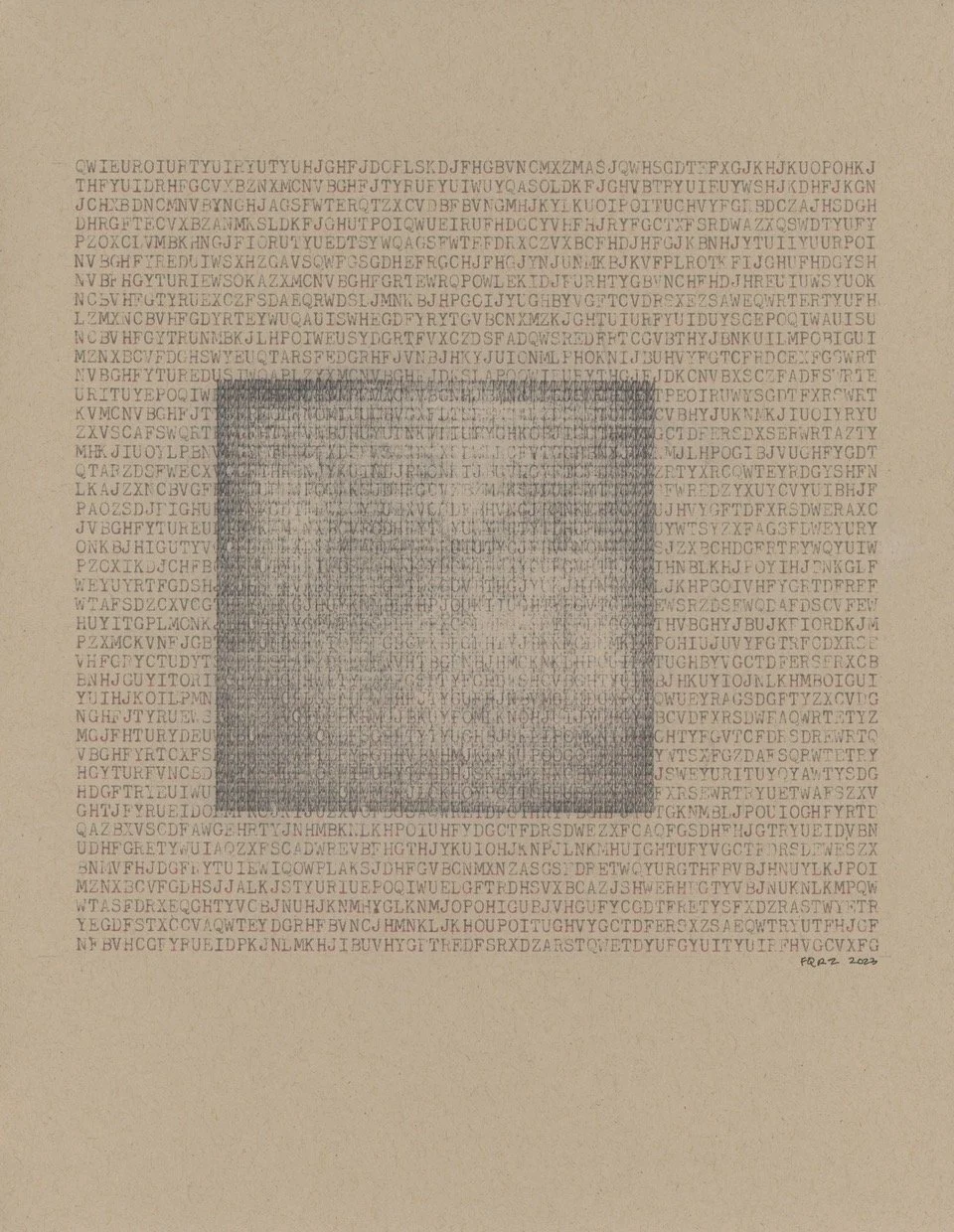 #2023-00665 11” x 8.5”, typewriter ink on craft paper, Olympia SM9 typewriter, all caps, with Underwood Documentor, framed. $775.