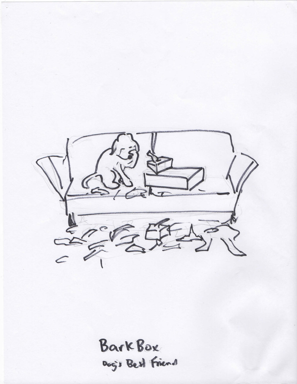 Pencil sketch of a dog crying on couch with a barkbox handing over a box of tissues