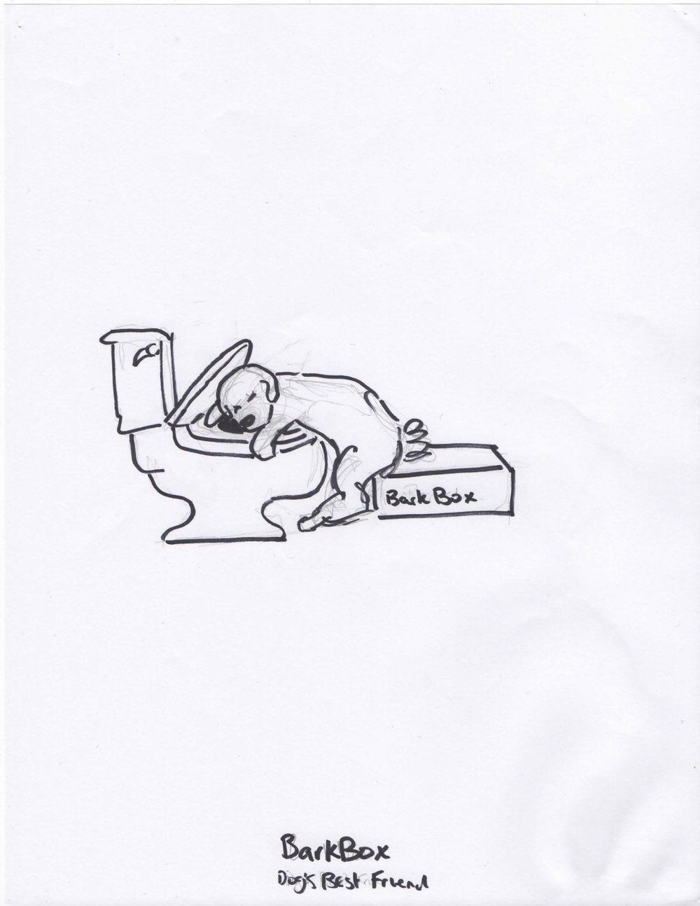 Pencil sketch of sick dog with head over toilet bowl being supported by a barkbox