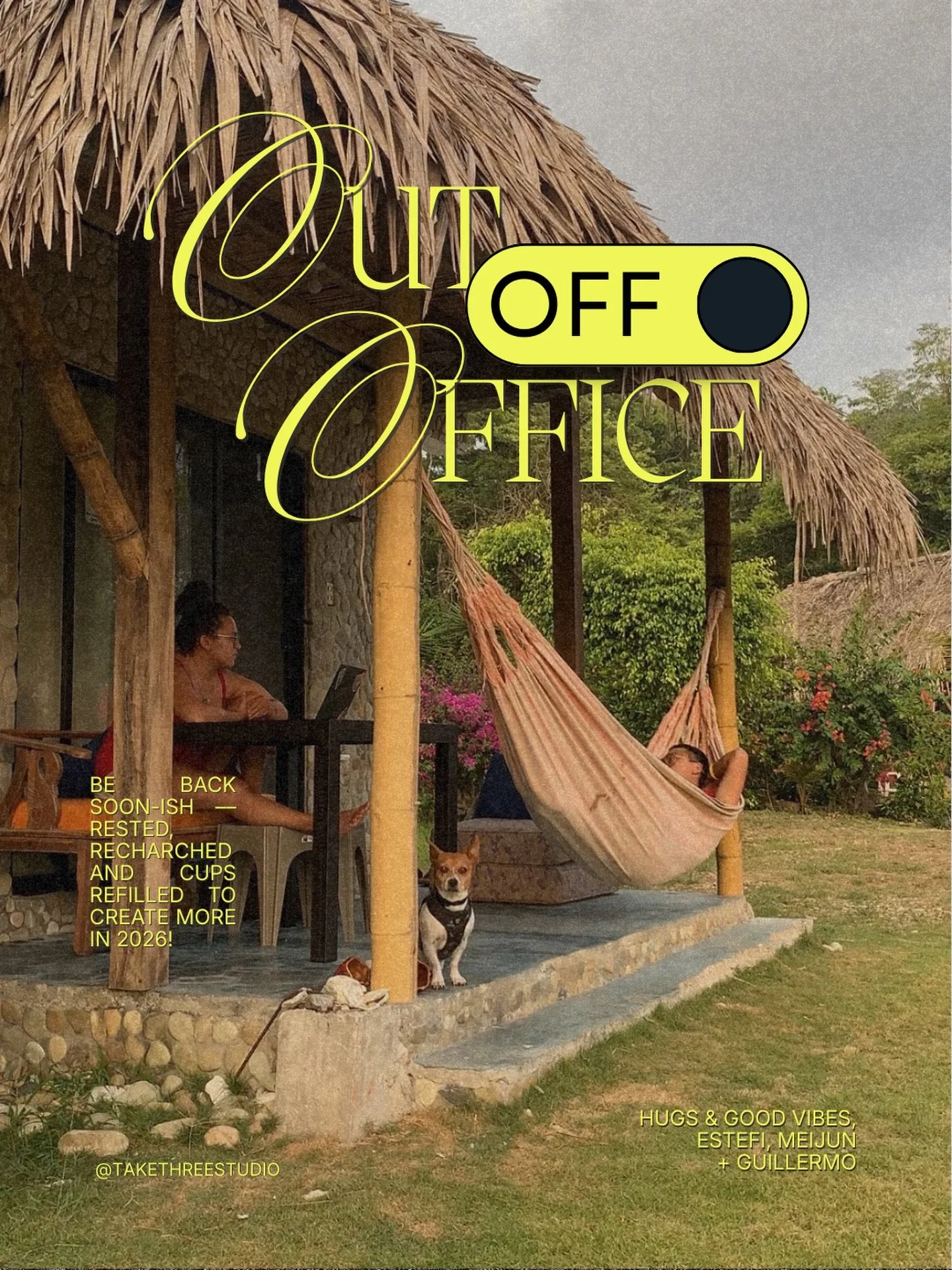 AWAY STATUS: 🟢 Active
Our two humans and a dog are officially on UPTO (unpaid time off) until 2026. A much needed break to clear some mental cache and replenish our creative energy with some vitamin sea. 

PS. To our lovely clients, we&rsquo;re offi