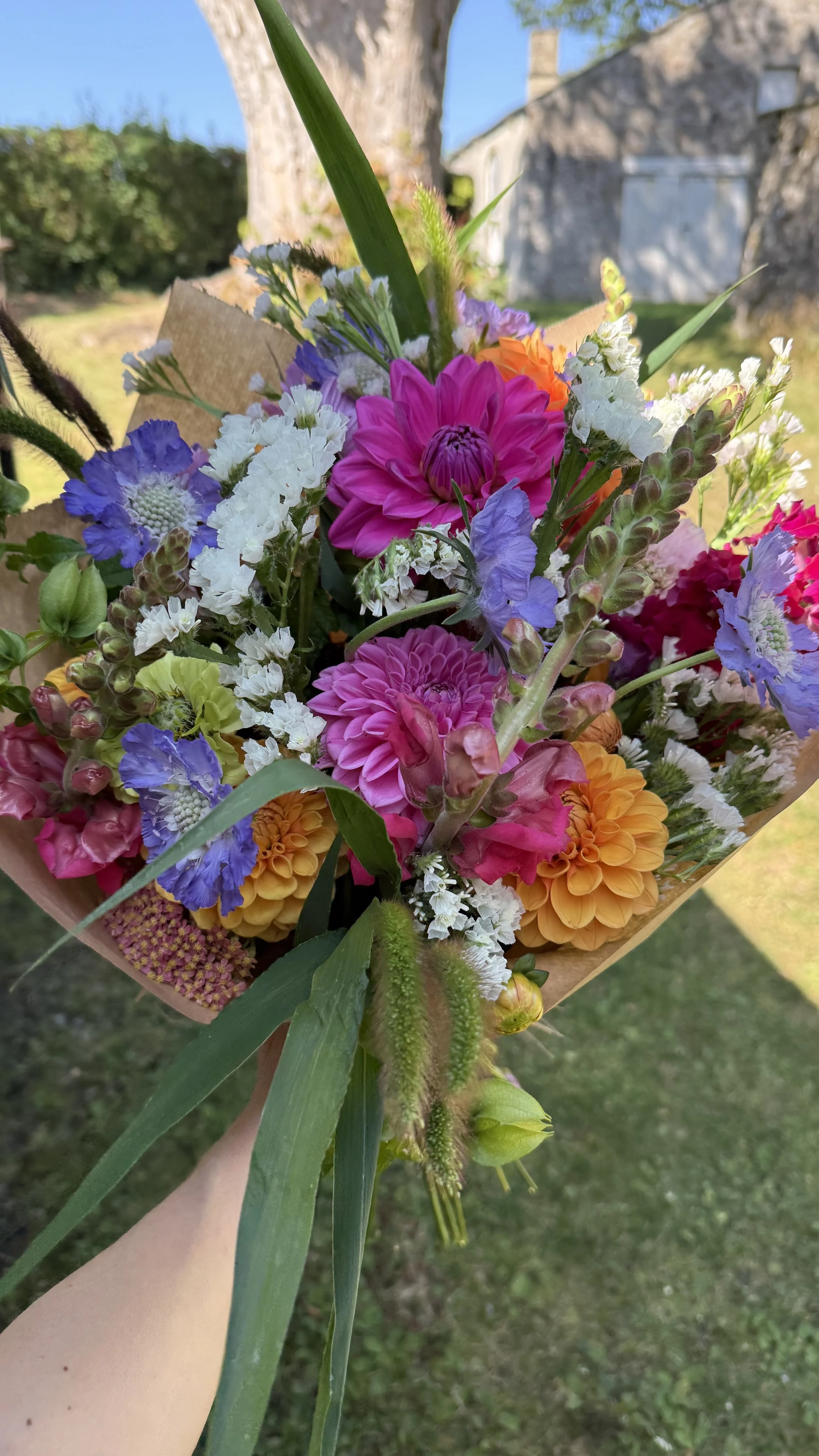 A bright, bold bouquet in pink and apricot colours, containing dahlia and strawflowers