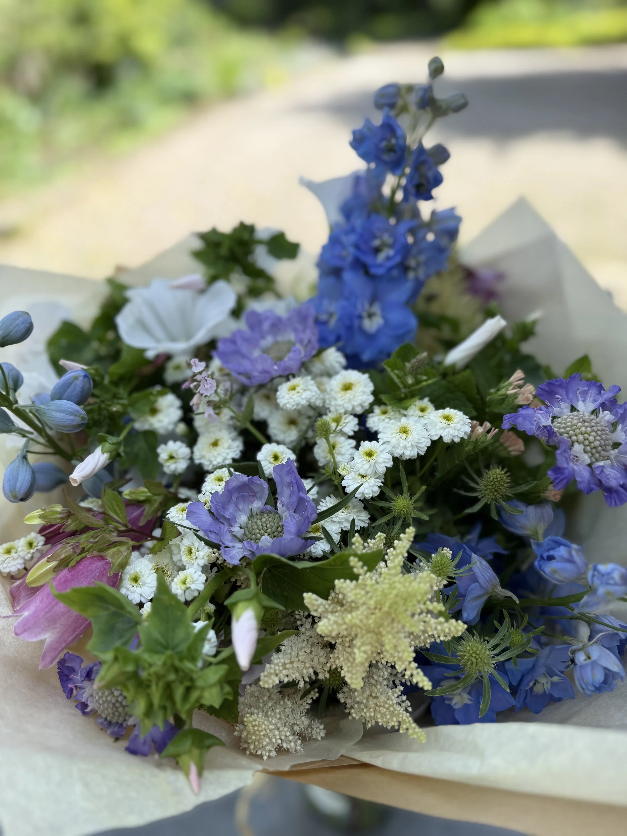 A seasonal July bouquet in blue, lilac and white containing delphiniums