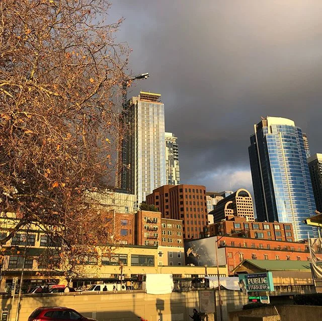 Solnedgang i Seattle.  Jeg pr&oslash;vde &aring; finne en rutete flanellskjorte, men kanskje gr&oslash;nsjen er d&oslash;d.