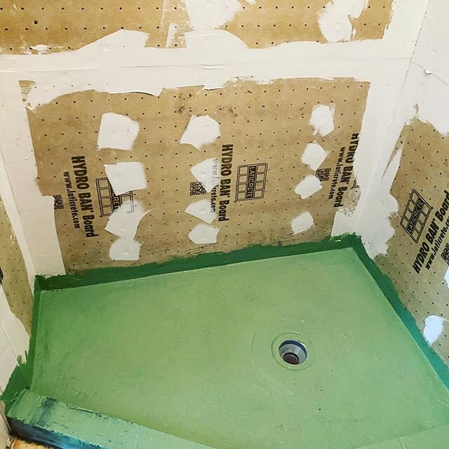 Another shower prepped! Using Laticrete&rsquo;s Hydroban shower system ensures this shower won&rsquo;t leak and will last a lifetime. The pan will get flood tested overnight and it will be ready for tile tomorrow!