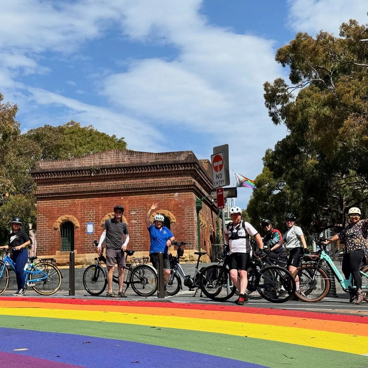 Newtown &rarr; the new Oxford St Cycleway &rarr; Darlinghurst.
Last weekend we rode two bike-friendly ways to and from Oxford St, &ldquo;following the rainbows&rdquo; &mdash; rainbow crossings, shared paths, and beacons in each photo.

This Saturday 