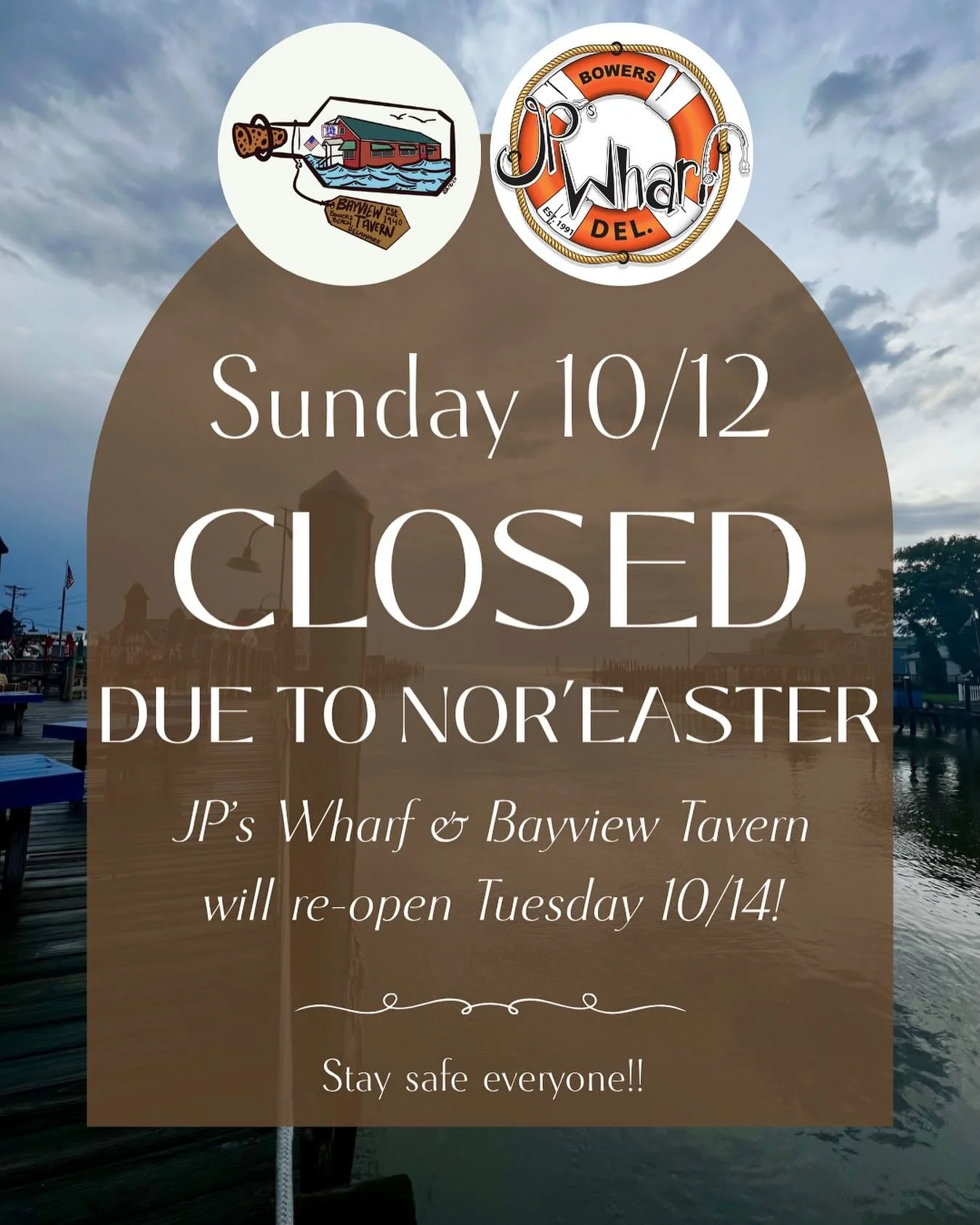 JP&rsquo;s &amp; Bayview Tavern will be closed today, 10/12! Expecting some record high tides today 🌊 Stay safe &amp; dry, we&rsquo;ll see you again on Tuesday! 💨