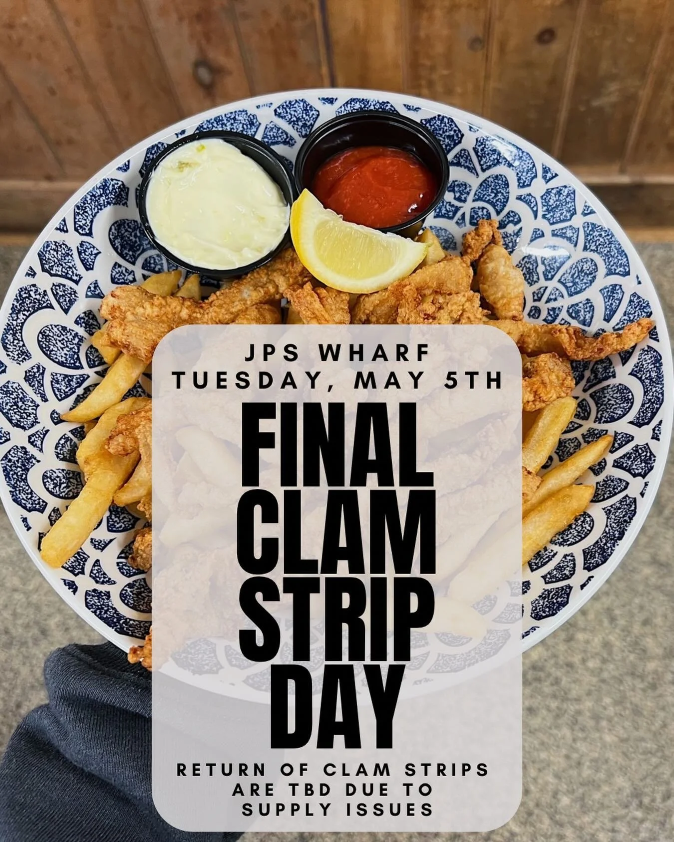 Join us this coming Tuesday, May 5th, for our last clam strip day!! Get some while you still can! ☀️ We hope to bring clam strip day back soon &amp; will keep you updated if anything changes with the supply!!