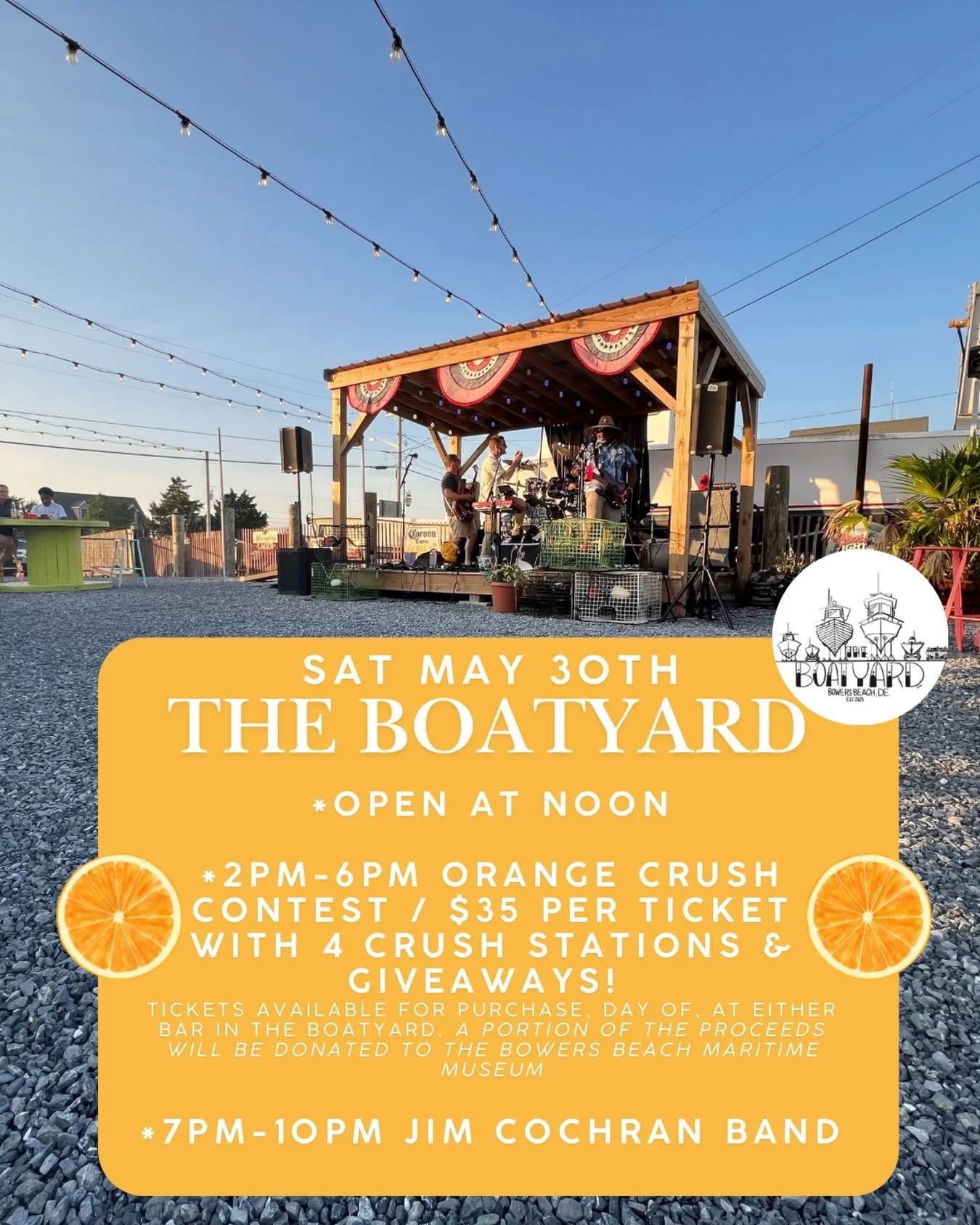 Fun filled Saturday coming up!! Vote for your favorite orange crush in the afternoon &amp; stay for the Jim Cochran Band in the evening!! 🎶⚓️🍊