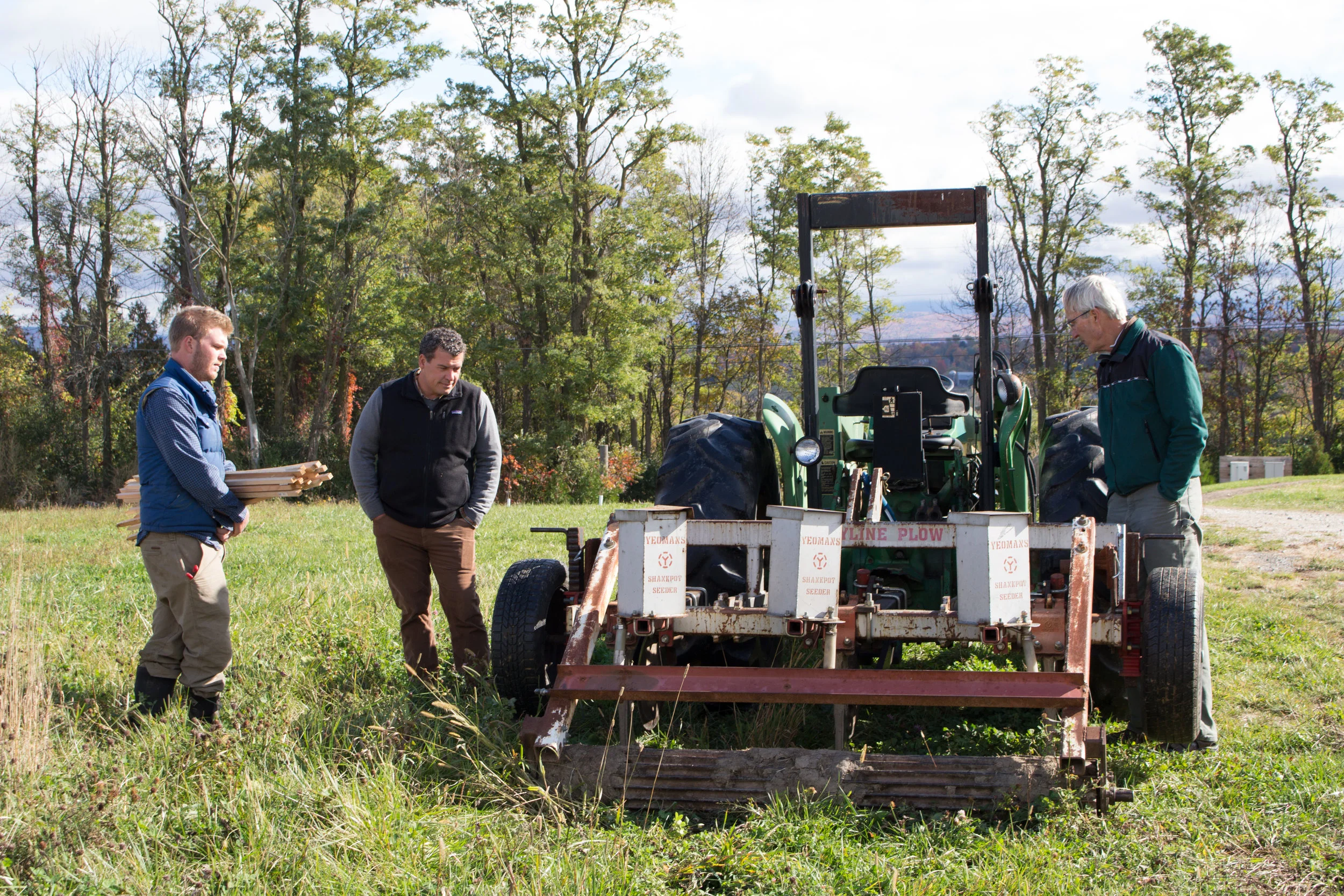 Michael Haulenbeek, Ed Pitcavage and Peter Swift inspecting our newly acquired keyline plow in 2015.