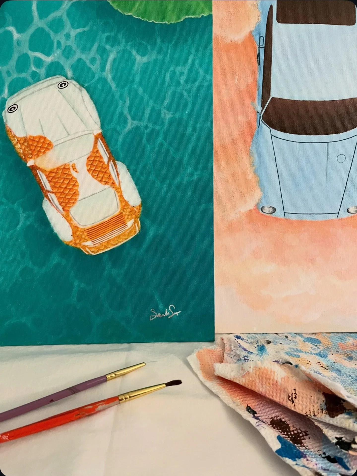 2/4 Paintings complete 🌊💨🌳🔥
.
.
.
#acrylicpainting #porscheartdaily #paintersofinstagram #pinkclouds