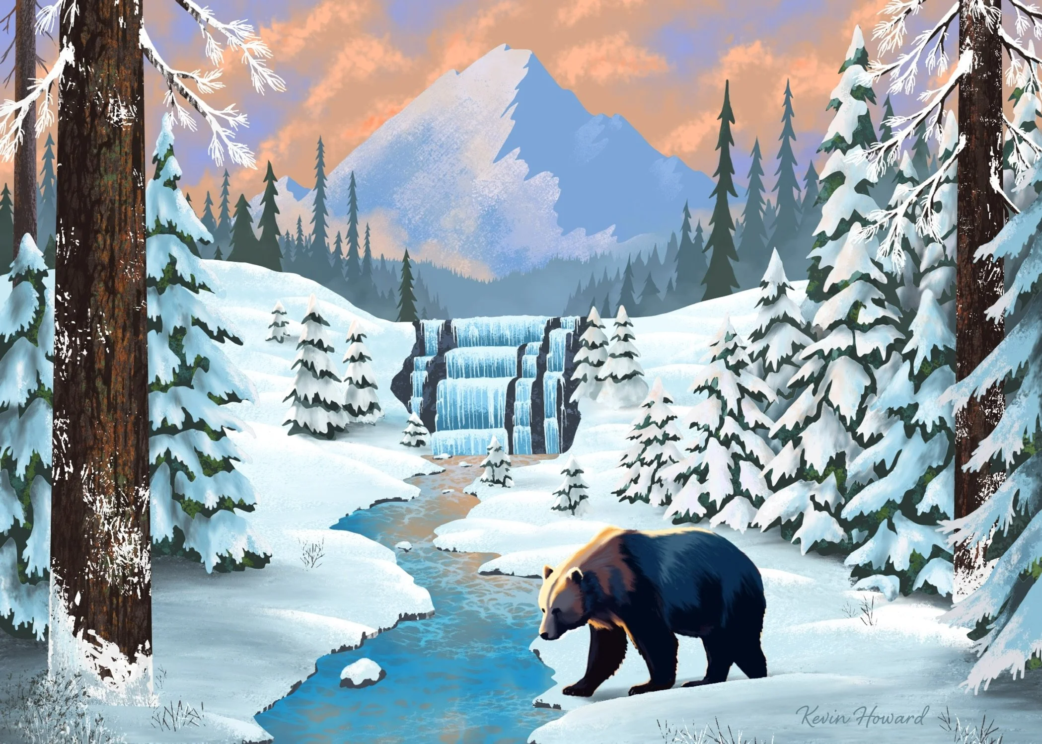 A snowy mountain landscape at sunrise with tall pine trees covered in snow, a flowing river, a waterfall, a bear standing by the riverbank, and a mountain in the background under a colorful sky.