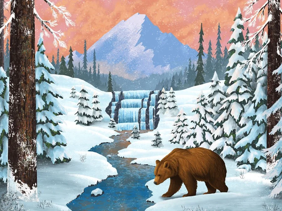 Illustration of a grizzly bear standing by a stream in a snow covered forest with a frozen waterfall and mountain in the background | Illustration | Kevin Howard