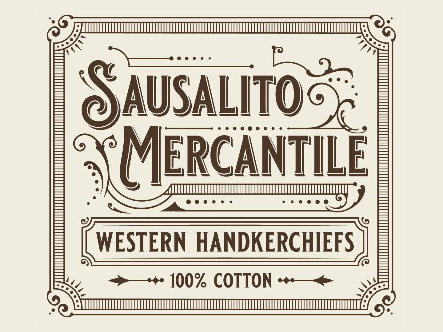 Vintage-style sign for a mercantile store, with ornate border and decorative flourishes, advertising Western handkerchiefs made of 100% cotton.