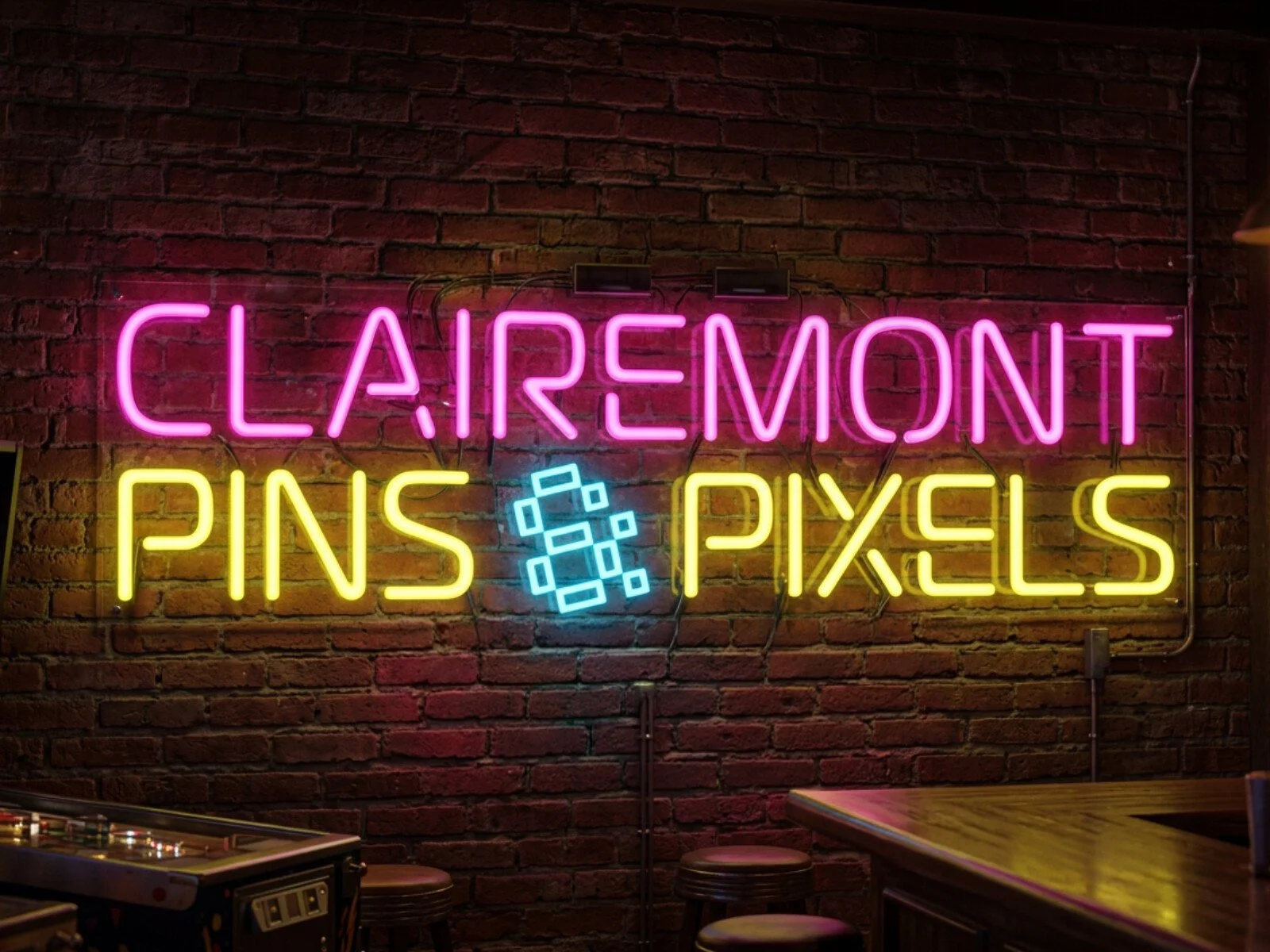 Clairemont Pins & Pixels logo neon sign