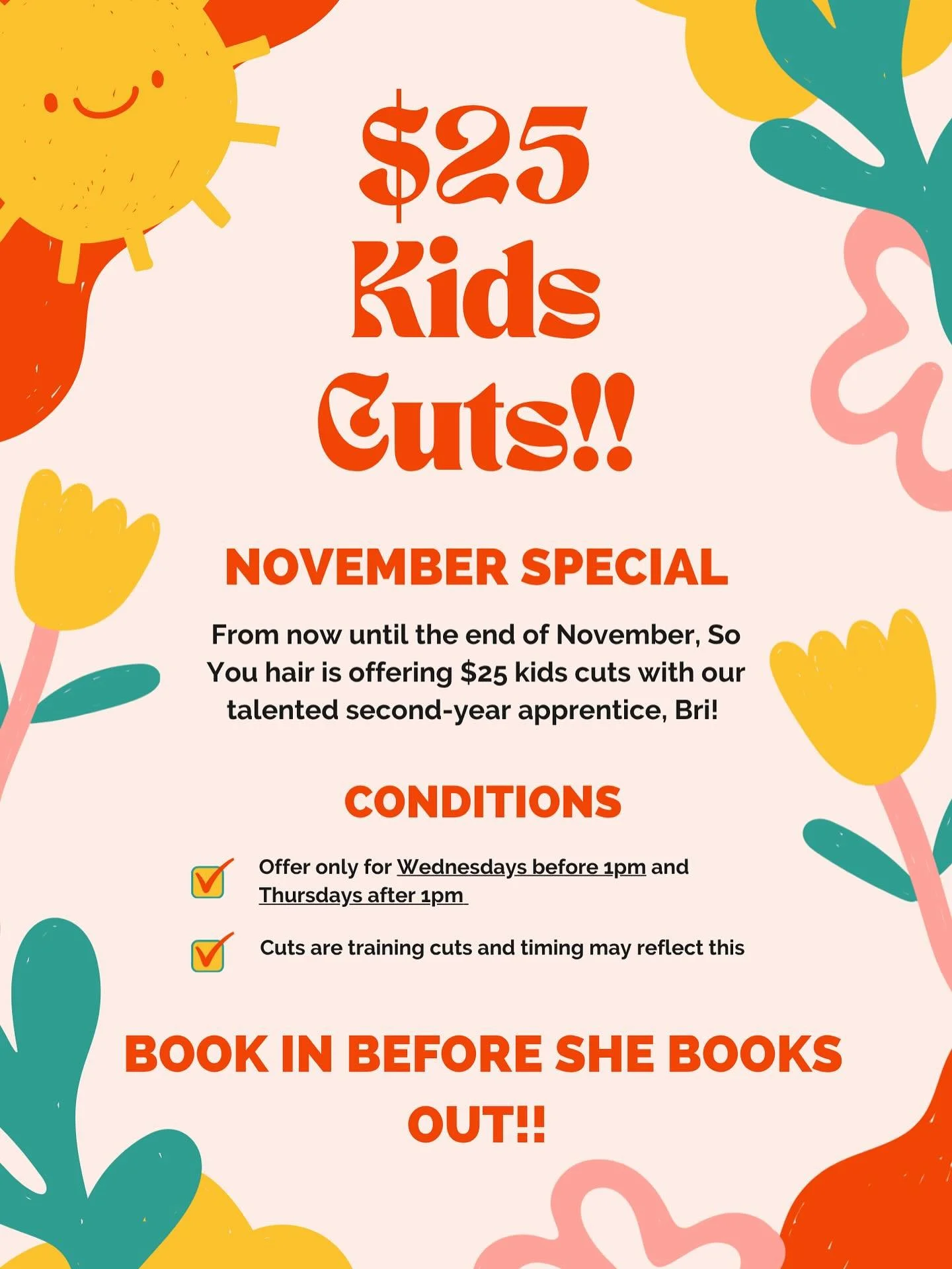 Parents, this one&rsquo;s for you! 💛
Throughout November we&rsquo;re offering $25 Kids Cuts with Bri, our amazing second-year apprentice.
Training cuts ✂️✨
Spots are limited, so make sure to secure your appointment! 

#KidsCut #KidsHaircut #NZSalon 