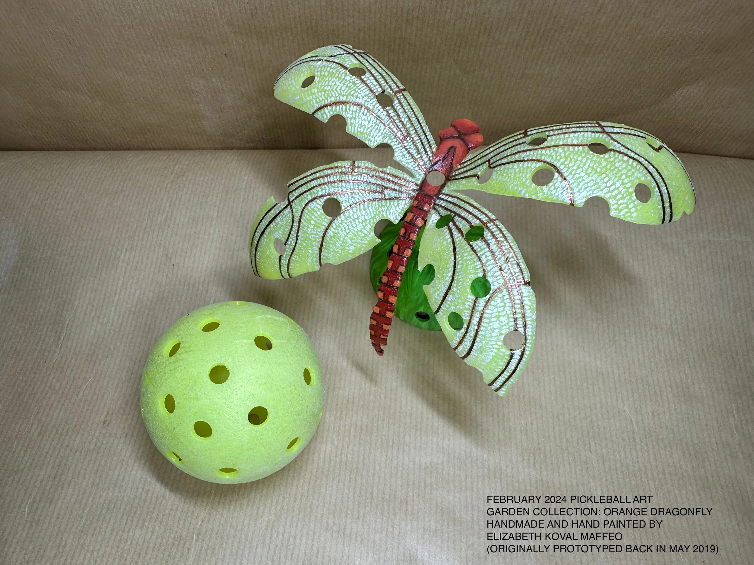 Handmade Recycled Pickleball Art - Dragonfly Orange