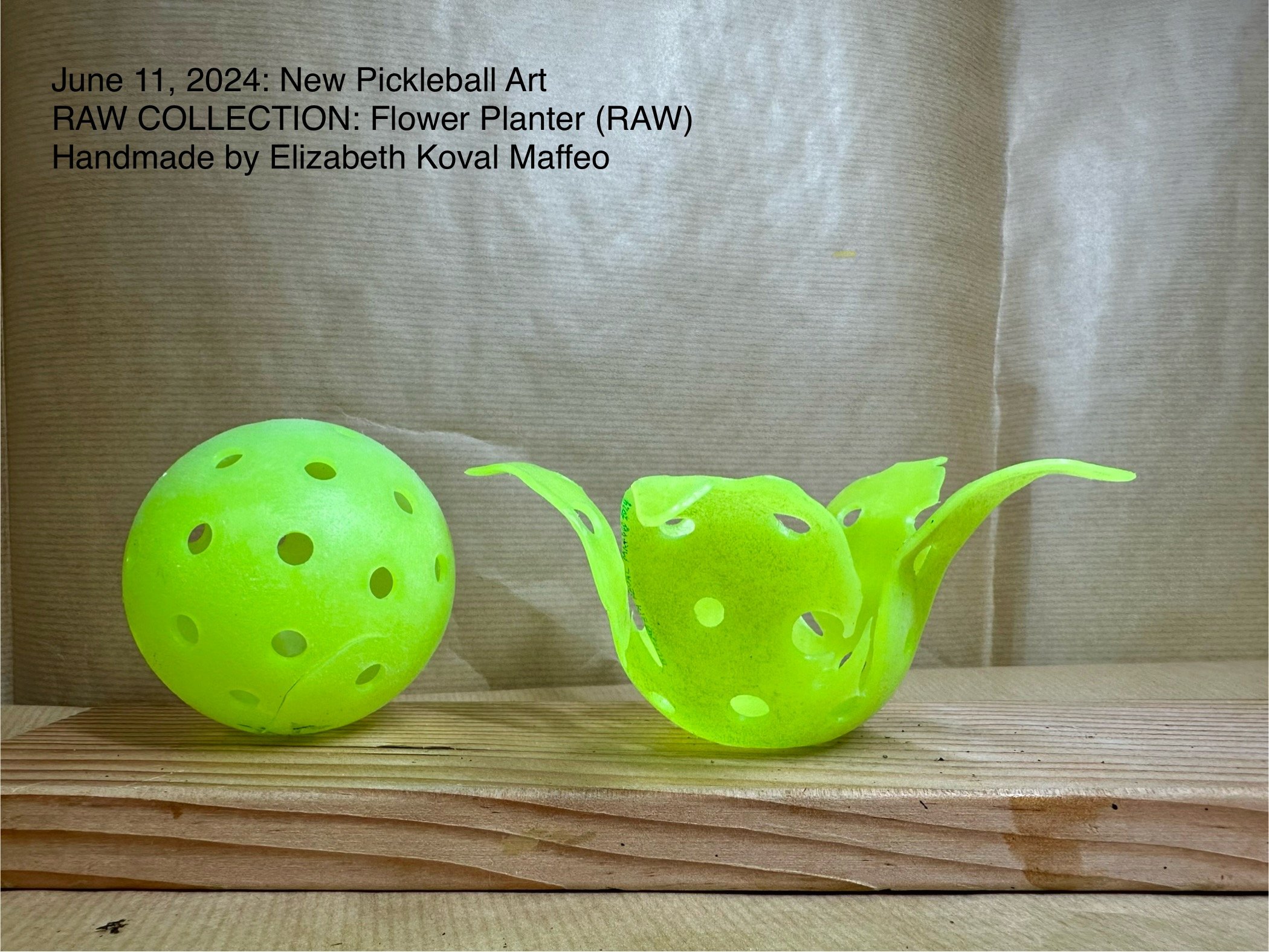 Handmade Recycled Pickleball Art - Flower Planter RAW- Lime Green PB - (Free-standing)