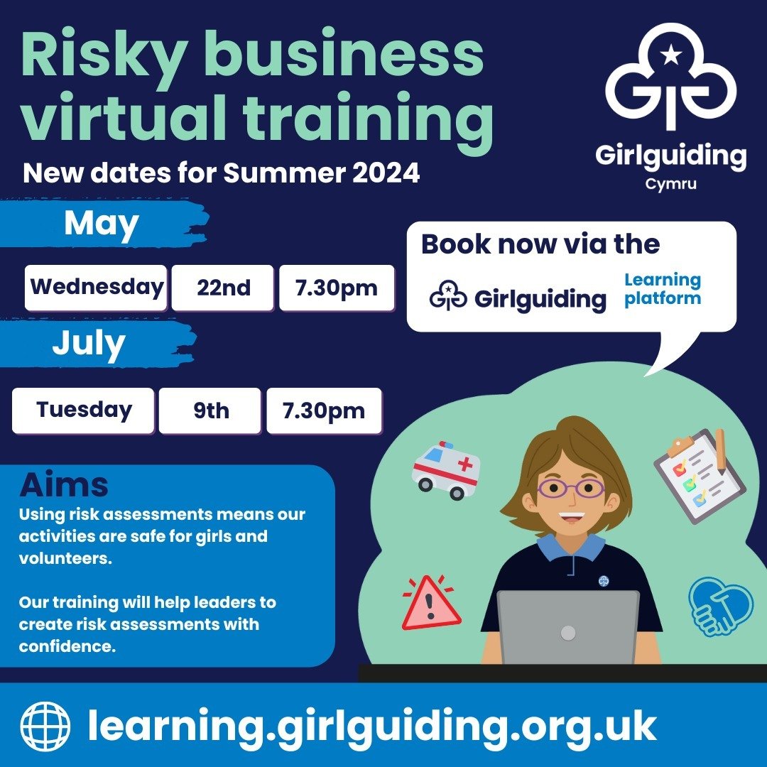 📅 We have five new Girlguiding Cymru training dates that have been added on to the learning platform. 

All the training dates and links can be found here: girlguidingcymru.org.uk/training-events
Risky Business &ndash; 22nd May 2024 commencing at 7.
