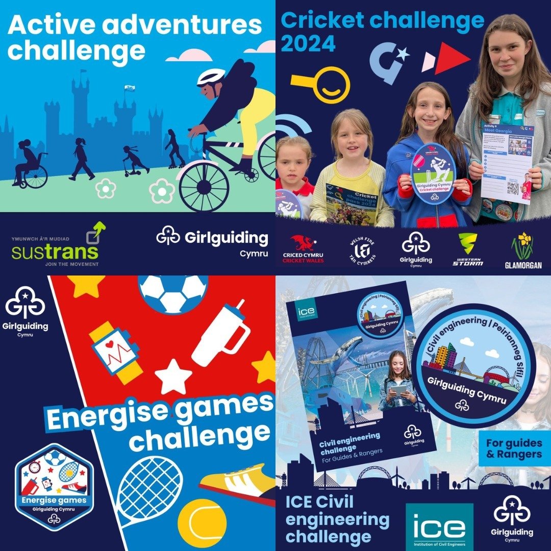 🌟 Hey Girlguiding Cymru have you checked out our latest challenge packs? We've got something for everyone!
In the last few months we have released the following packs.

💙 Active Adventures Challenge
❤️ Energise Games Challenge
💜 ICE Challenge
💚 2