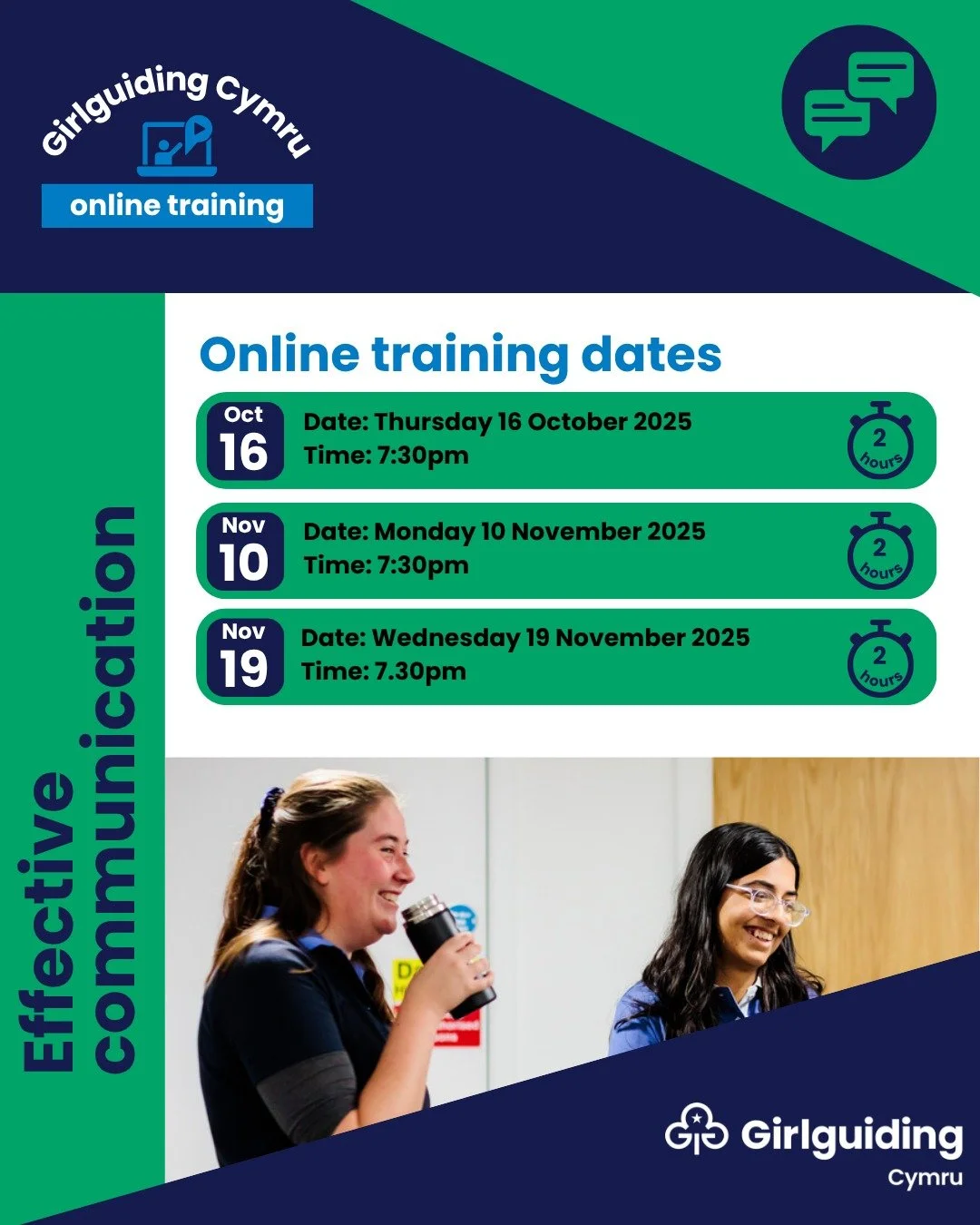 🍂 New online Girlguiding Cymru training: Autumn 2025 🍂

Book your place on our Girlguiding Cymru Effective Communication training.
This session encourages leaders to reflect on the bigger impact of communication &ndash; considering body language, t