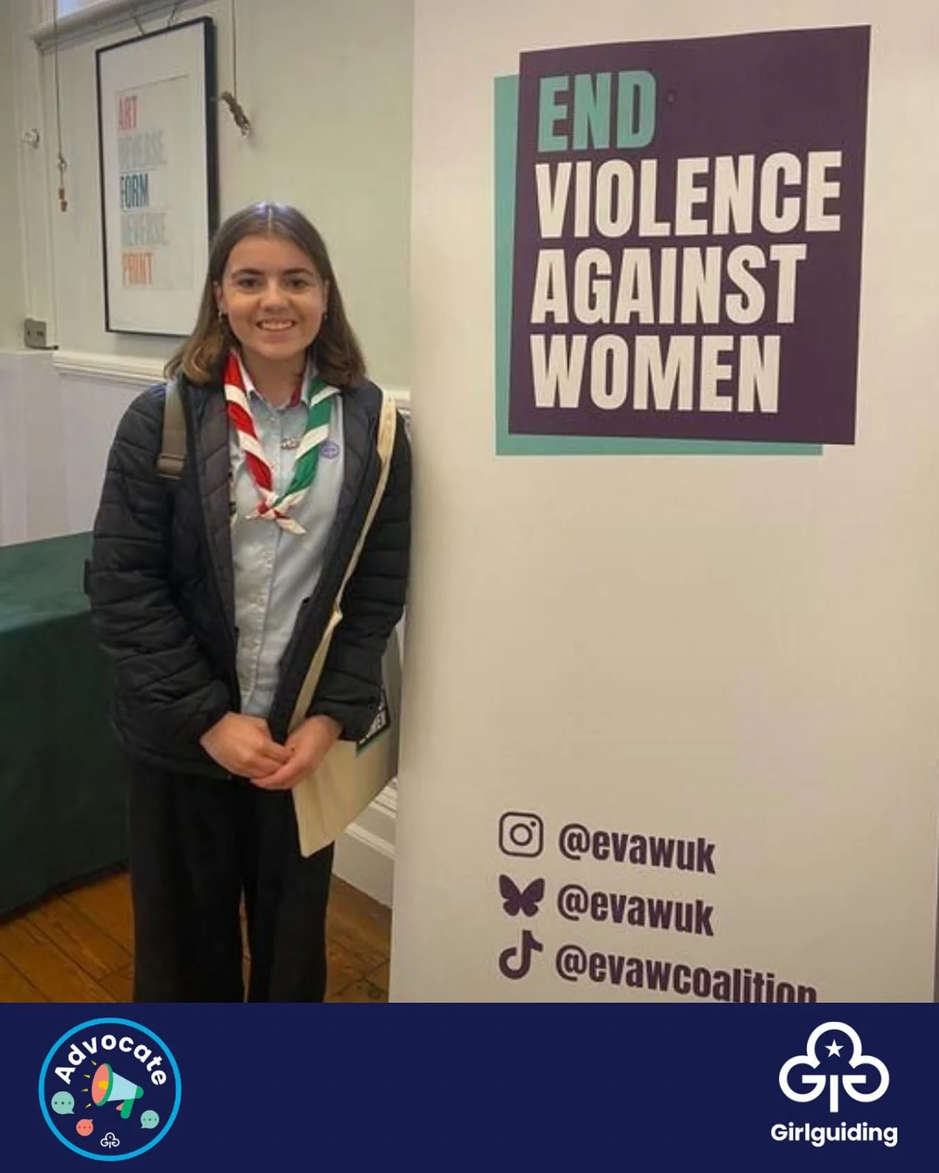 🏴󠁧󠁢󠁷󠁬󠁳󠁿Last week Welsh Girlguiding advocate Alwen was at the End Violence Against Women Coalition Prevention Network Conference, where she met lots of charities and organisations that are working on reducing violence against women and girls. 
