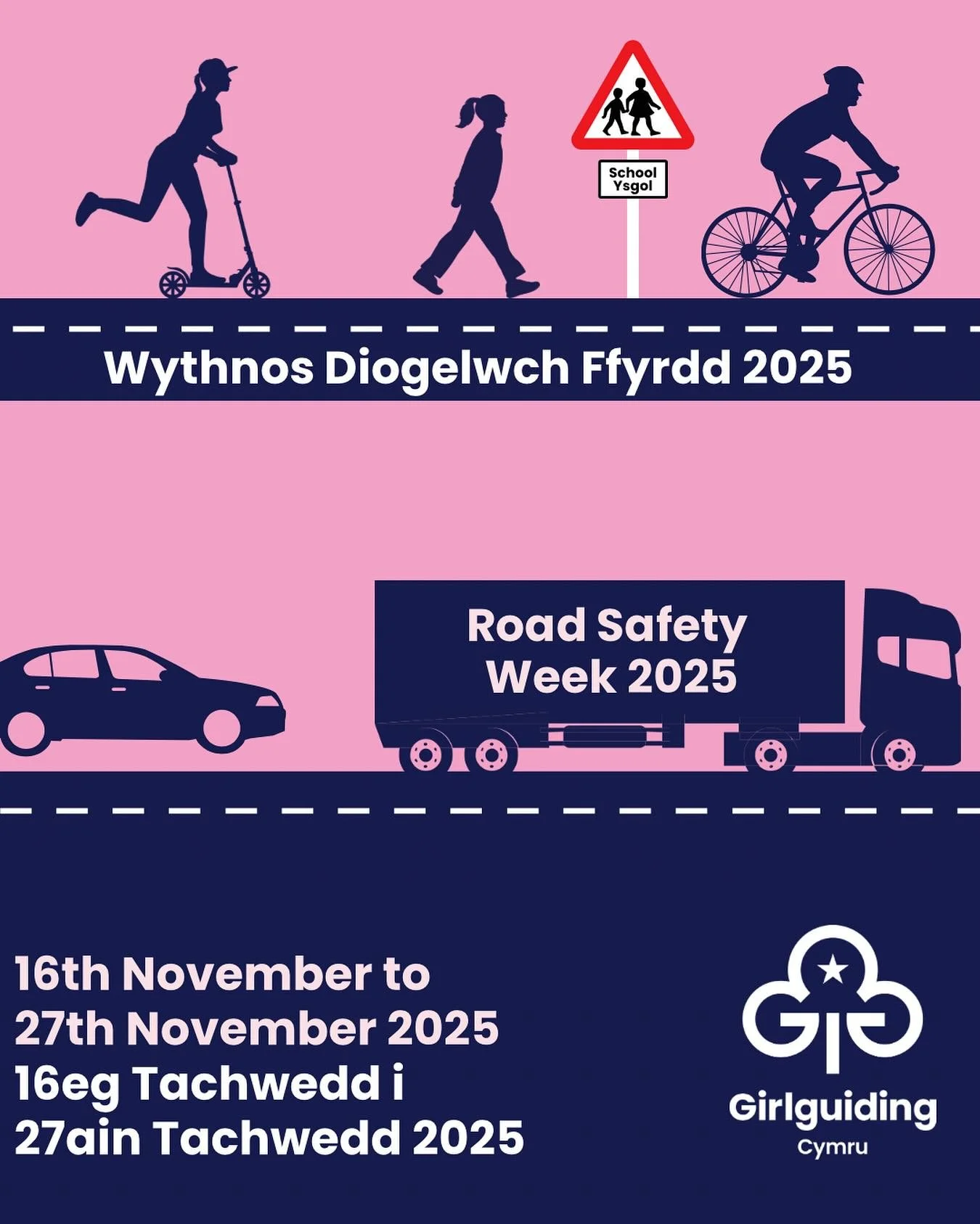 🔶 Road Safety Week 2025 🔶

Girlguiding Cymru stands together to promote road safety! 🚸
This week, we&rsquo;re encouraging our members to stay alert, confident, and careful whether walking, cycling, or travelling. Let&rsquo;s keep our communities s