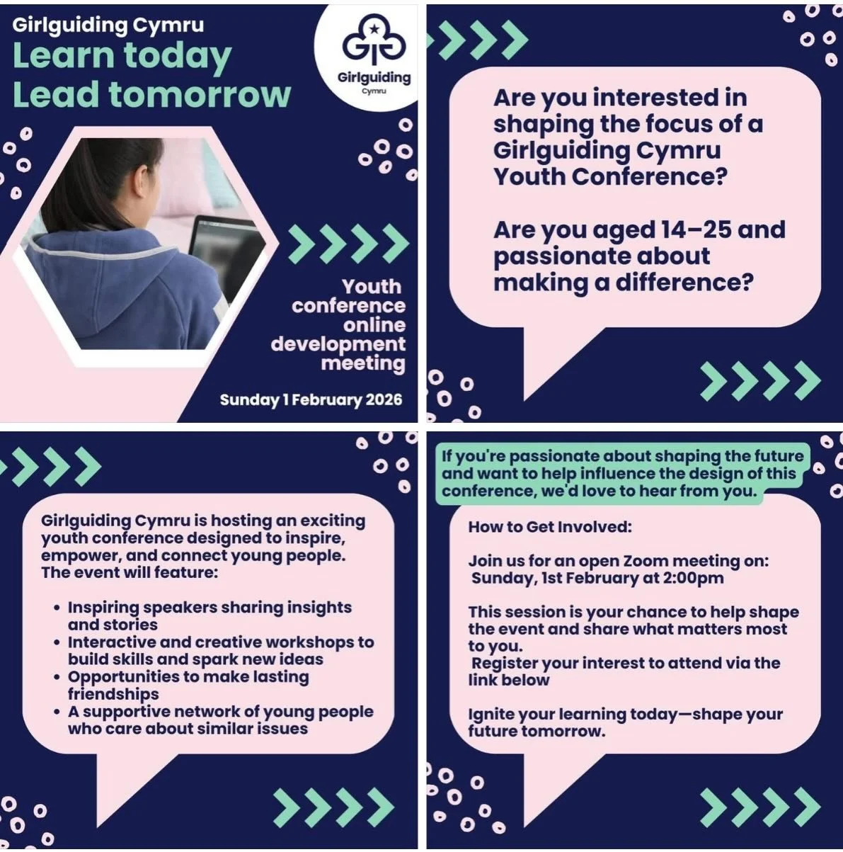 🎓 Learn Today, Lead Tomorrow

Are you interested in shaping the focus of a Girlguiding Cymru Youth Conference?

Are you aged 14&ndash;25 and passionate about making a difference?

Girlguiding Cymru is hosting an exciting youth conference designed to
