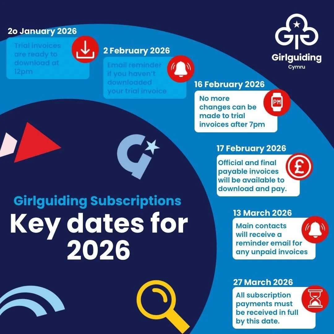 ⏰ Subscriptions 2026: Reminder for all volunteers of Girlguiding Cymru. 

The deadline for changes is 7pm tonight. 

Please make sure all updates are completed before the deadline, no changes can be made after 7pm.

If you need help, contact your loc