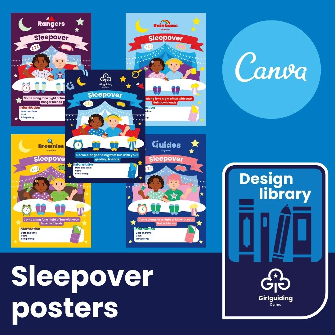 ✨ New resources in our Design Library! ✨
We&rsquo;re excited to share the Girlguiding Cymru Design Template Library, a growing collection of free, editable Canva posters that are on brand, bright, and colourful, and ready for you to use in your unit,