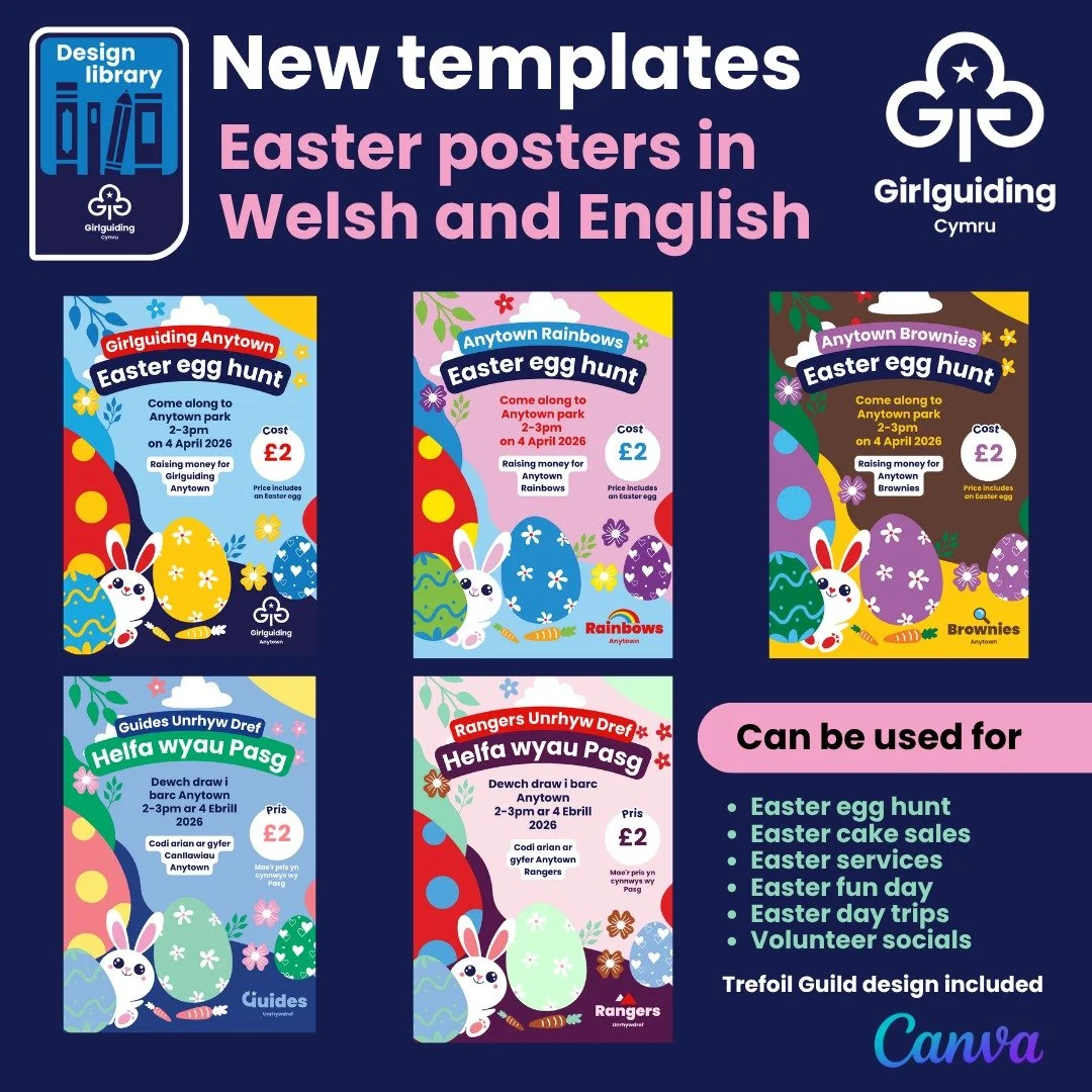 🌼🐣 Girlguiding Cymru design library: New Easter poster templates Available! 🐣🌼

We&rsquo;re excited to share our brand-new Easter poster templates, now available in both Welsh and English! 🎉

✨ Fully editable in Canva
✨ Easy to customise for you