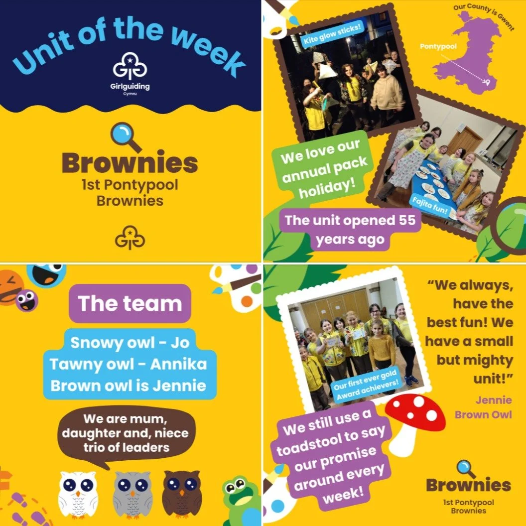 🌟 Girlguiding Cymru: Unit of the Week 🌟
Meet our second unit of the week! Every Monday, we&rsquo;ll be shining a spotlight on one of our amazing units and celebrating the fun, friendship, and adventure they bring 💛🤎
Meet 🎉
1st Pontypool Brownies