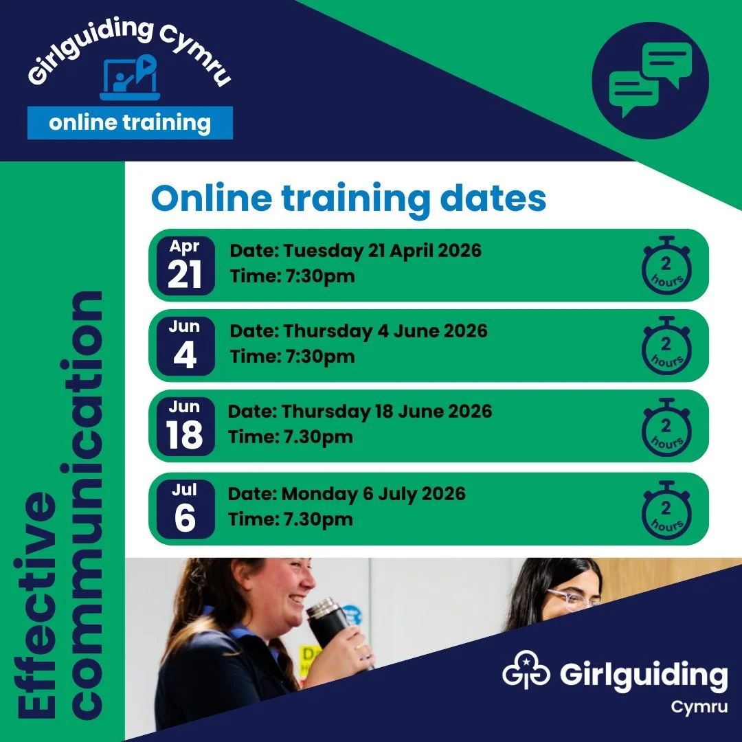 🗣️ New online Girlguiding Cymru training: Apr-Jul 2026

Book your place on our Girlguiding Cymru Effective Communication training.

This session encourages leaders to reflect on the bigger impact of communication, considering body language, tone, li