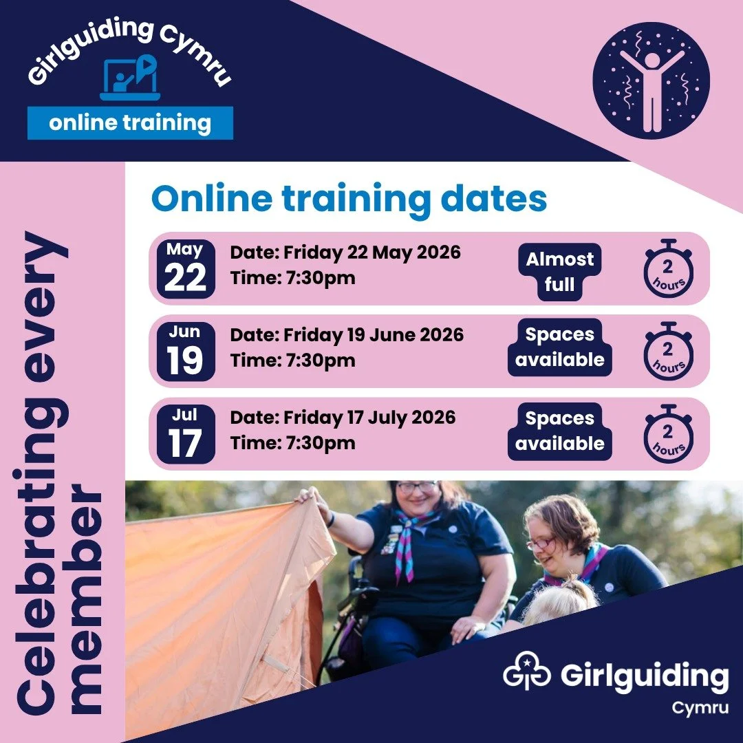 💻 New Training Date: Celebrating Every Member April-July 2026

A new date is now available for Celebrating every member training with Girlguiding Cymru.

This session will support you to create a welcoming environment for all members, with practical
