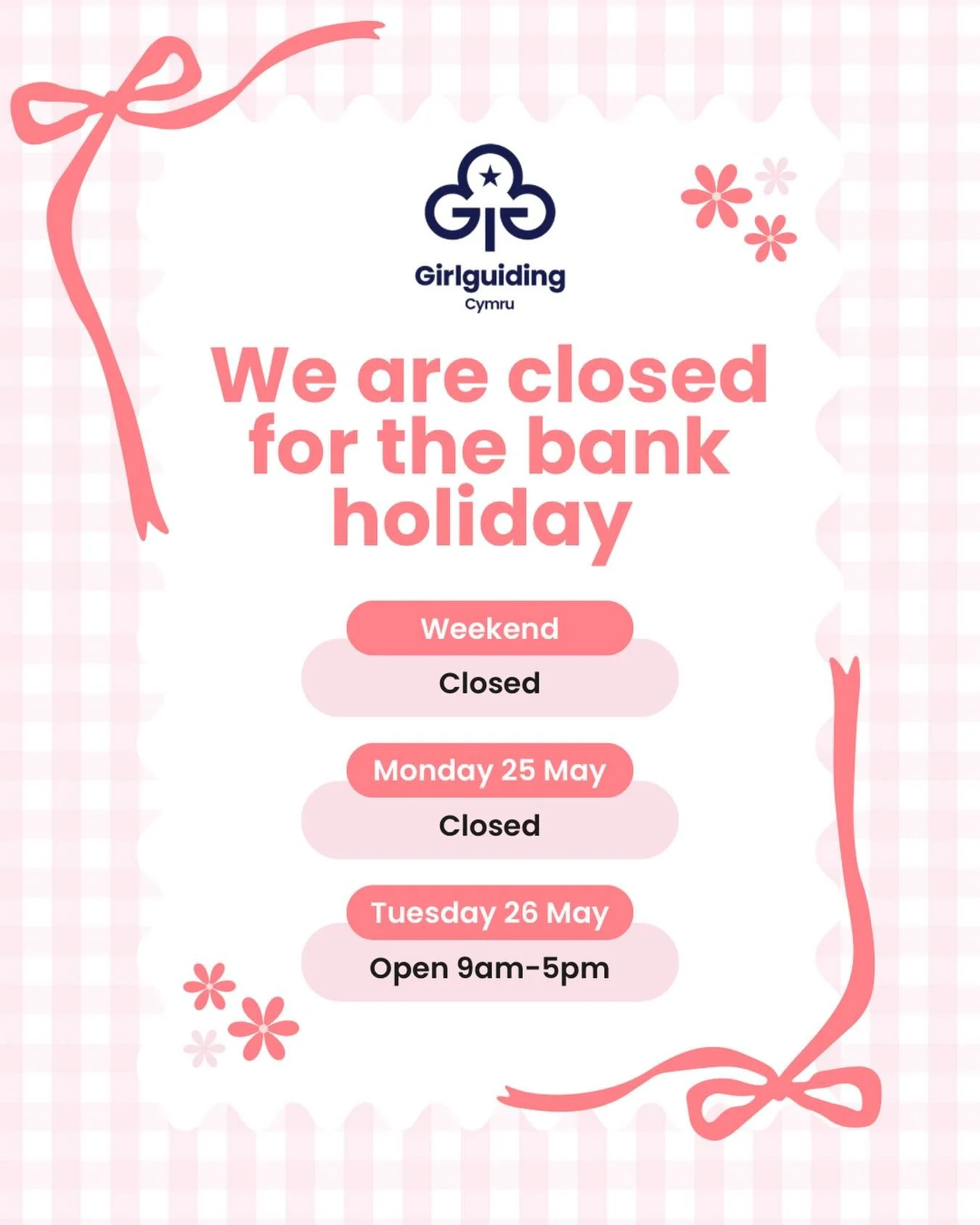 📢 Please note: Girlguiding Cymru will be closed for the bank holiday weekend.

Our office will reopen on Tuesday.

We hope you have a lovely bank holiday weekend! 💙