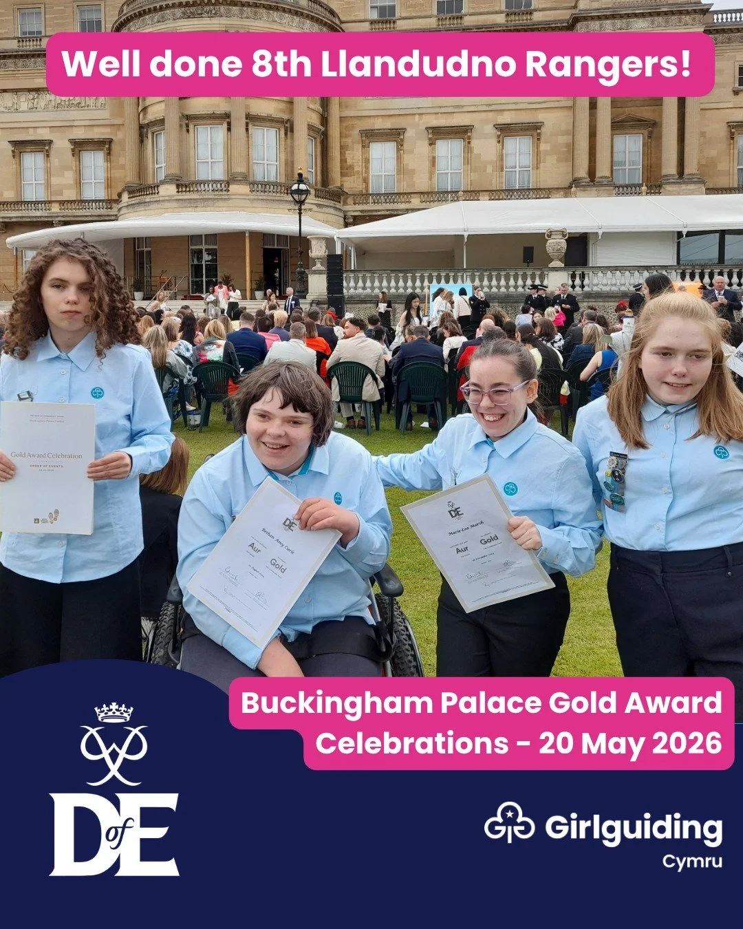 ✨Congratulations to four Rangers from 8th Llandudno Rangers, Girlguiding Caernarfonshire, who attended the DofE Gold Award Celebration at Buckingham Palace on 20th May. 👑✨

The Rangers had a fantastic day celebrating their incredible achievement, an