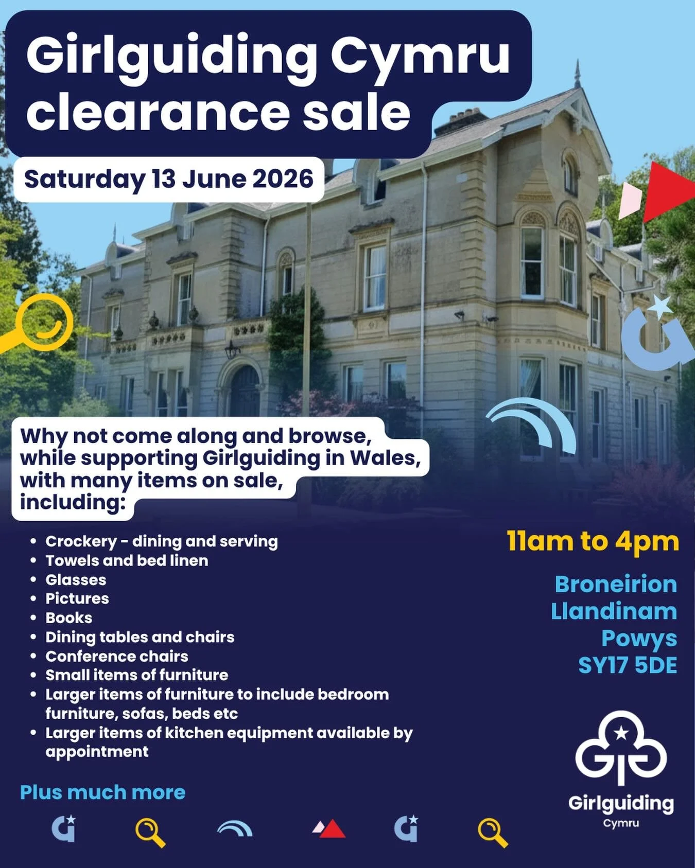 🛍️ Girlguiding Cymru Clearance Sale &ndash; Save the&nbsp;Date!

Join us for a fantastic clearance sale at Broneirion and discover plenty of bargains while supporting Girlguiding in Wales 💙

From books, crockery and linens to furniture, dining sets