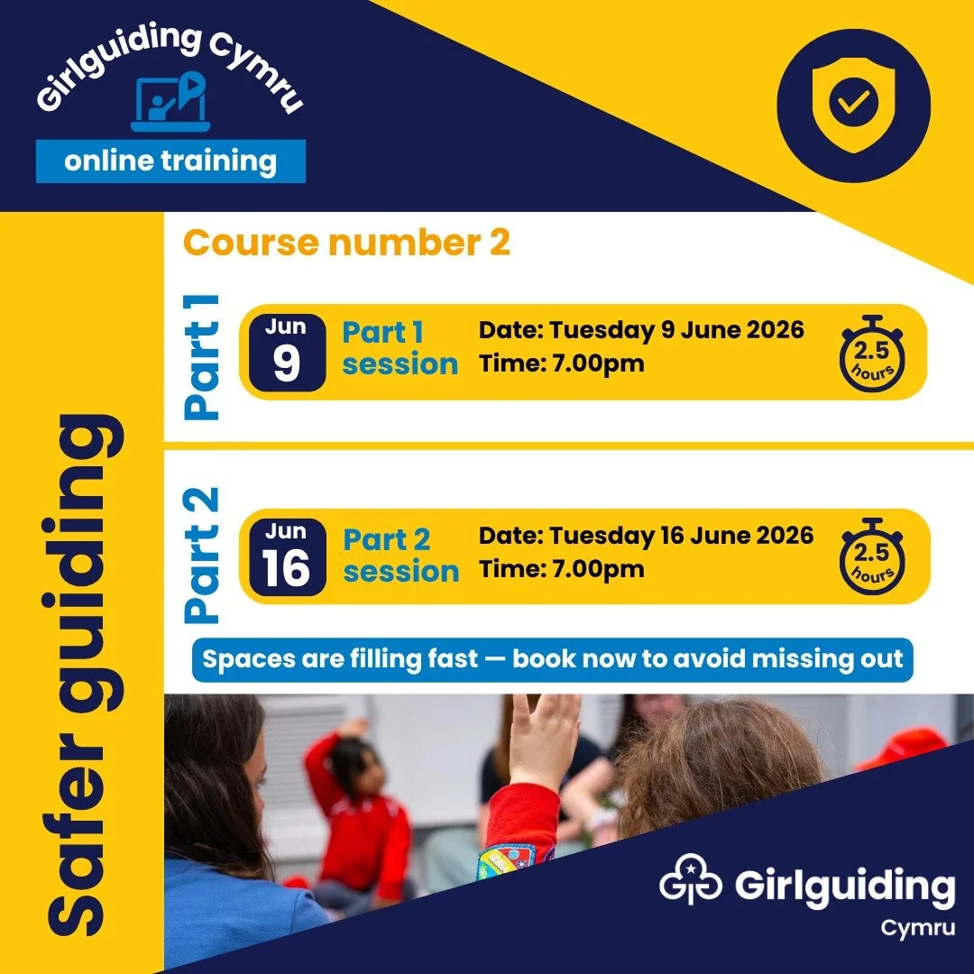 🌟 Sign up for our Girlguiding Cymru Safer guiding online training session 🌟

This is our last Our Safer Guiding training before September.

Our Safer Guiding training helps volunteers create safe spaces where girls can have fun, learn, grow, and th