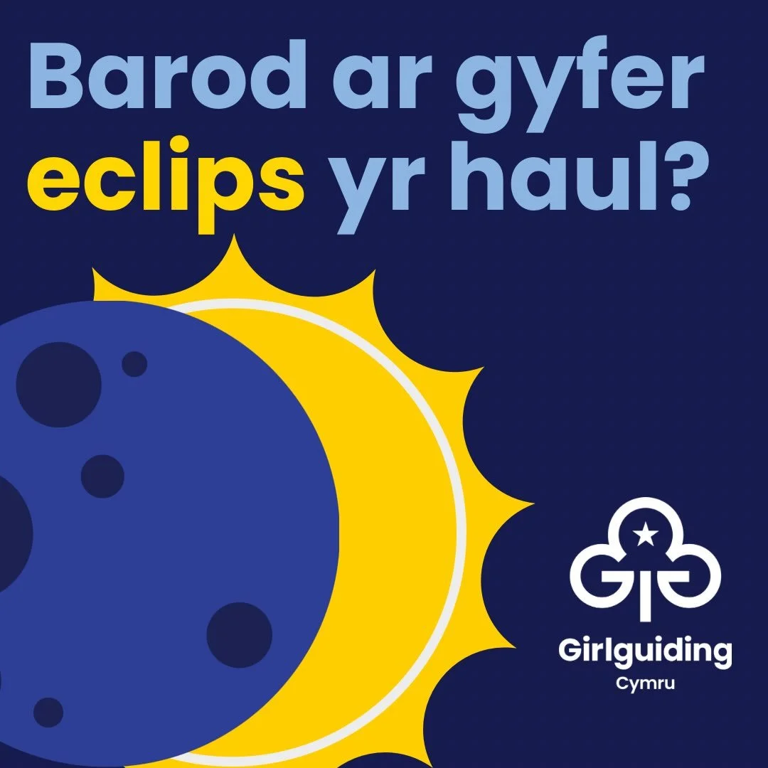 Edrychwch i fyny&rsquo;n ddiogel! 👀🌞 Bydd eclips rhannol o&rsquo;r Haul i&rsquo;w weld ledled Cymru heddiw, rhwng 6.13pm a 8.06pm.

Beth am roi cynnig ar ein her Moonwalk a dysgu mwy am eclipsau? 🌙

🔗 https://girlguidingcymru.org.uk/moonwalk-chal