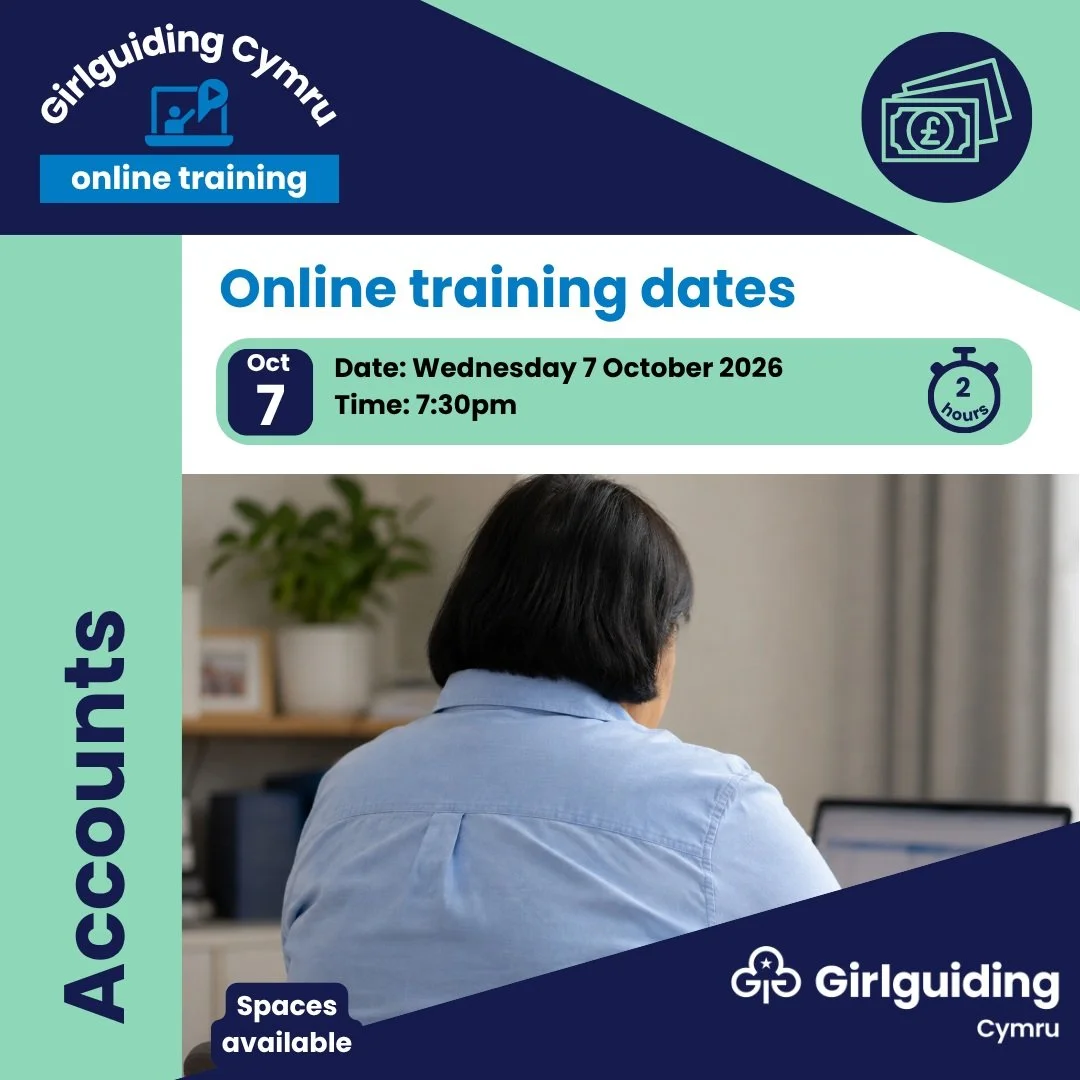 💚 New online Girlguiding Cymru training: Autumn 2026 

Book your place on our Girlguiding Cymru accounts training.
The aim of the training is to give leaders confidence and ensure they are aware of their responsibilities concerning keeping accounts.