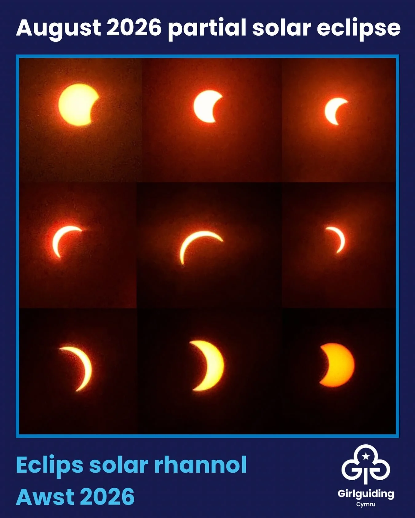 🌞✨ What an incredible view!

Take a look at this fantastic collage capturing the August 2026 partial solar eclipse! 🌒📸 These amazing images were captured by Heulwen, one of our Girlguiding Cymru staff team. This was her view from Machynlleth.

Did