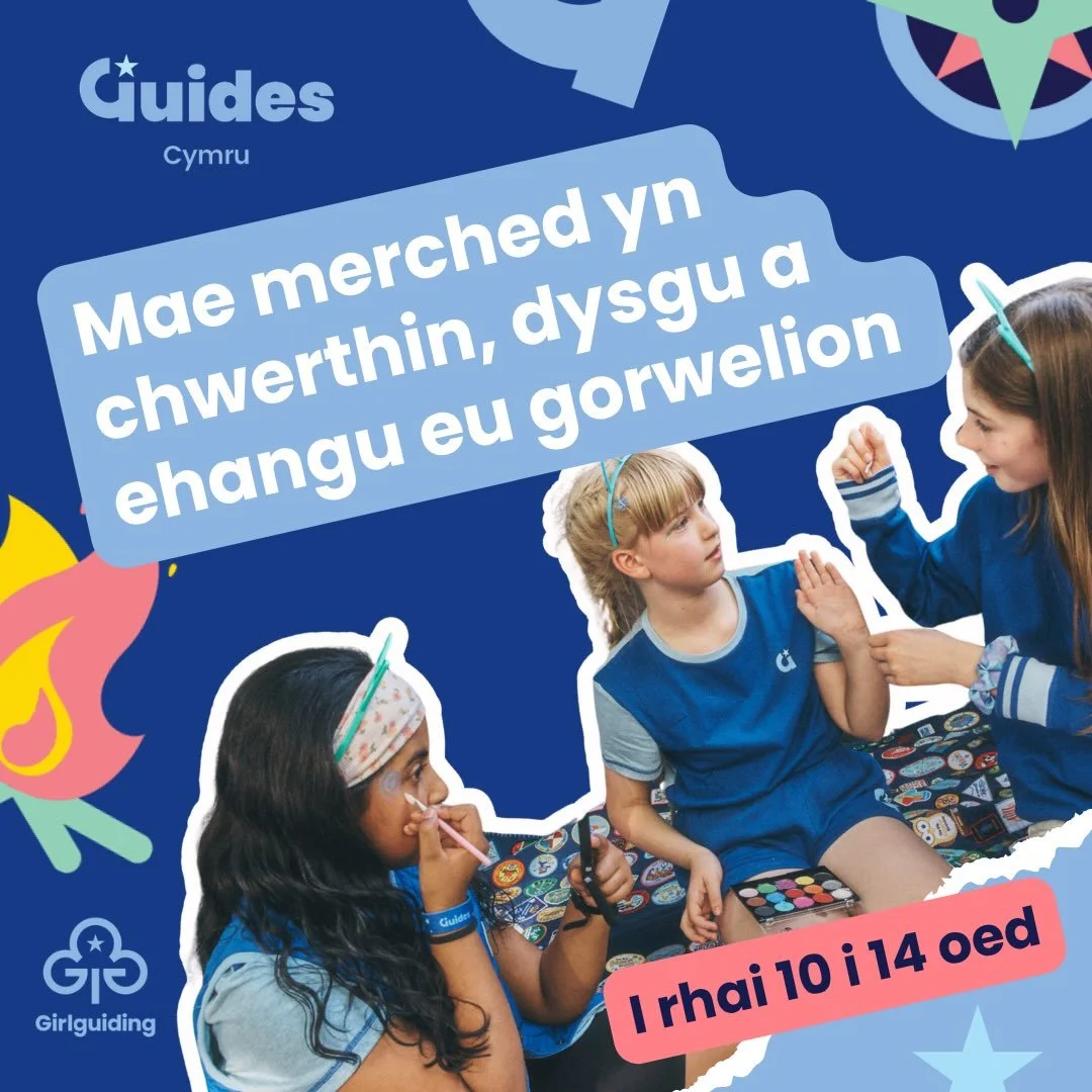 💚 Wyt ti&rsquo;n barod am dy antur nesaf? 🌟

Mae Guides ar gyfer merched rhwng 10 a 14 oed sydd eisiau cael hwyl, rhoi cynnig ar bethau newydd a darganfod beth maen nhw&rsquo;n ei garu!

O ffotograffiaeth a vlogio i goginio o amgylch t&acirc;n gwer