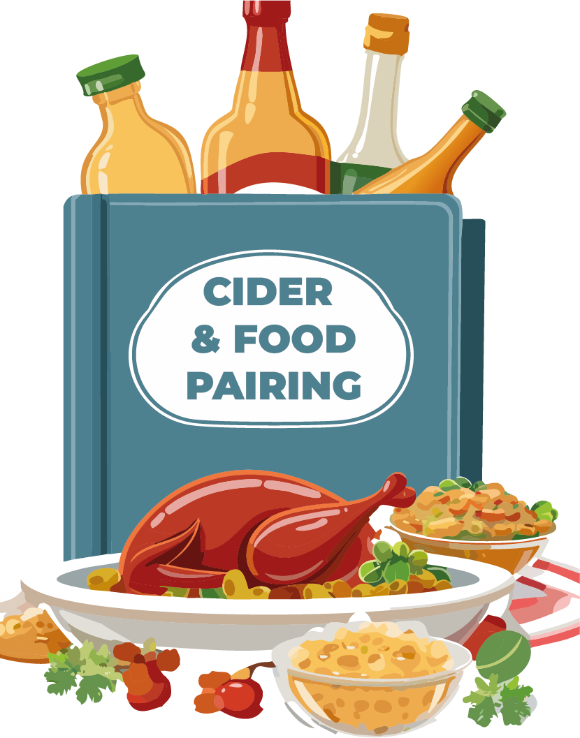 Illustration of a box labeled 'Cider & Food Pairing' surrounded by bottles of cider, a roasted chicken, a bowl of pasta, a salad, and a bowl of dessert.
