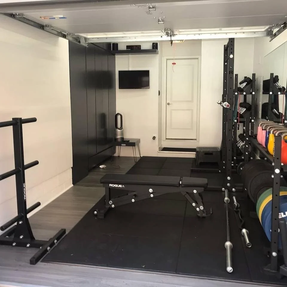 Garage to Gym Renovation with custom cabinetry