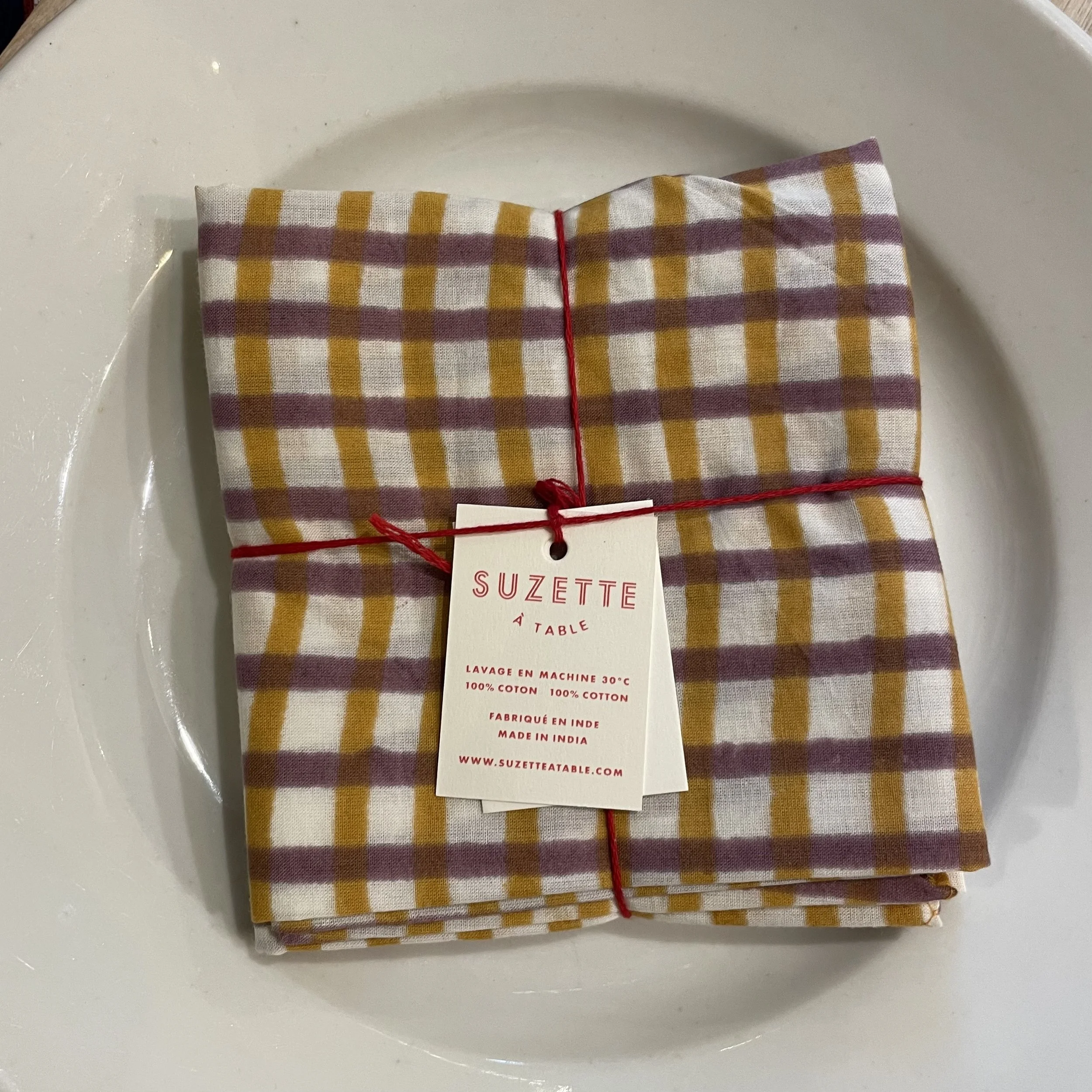 Série de 4 serviettes Suzette carreaux moutarde et prune