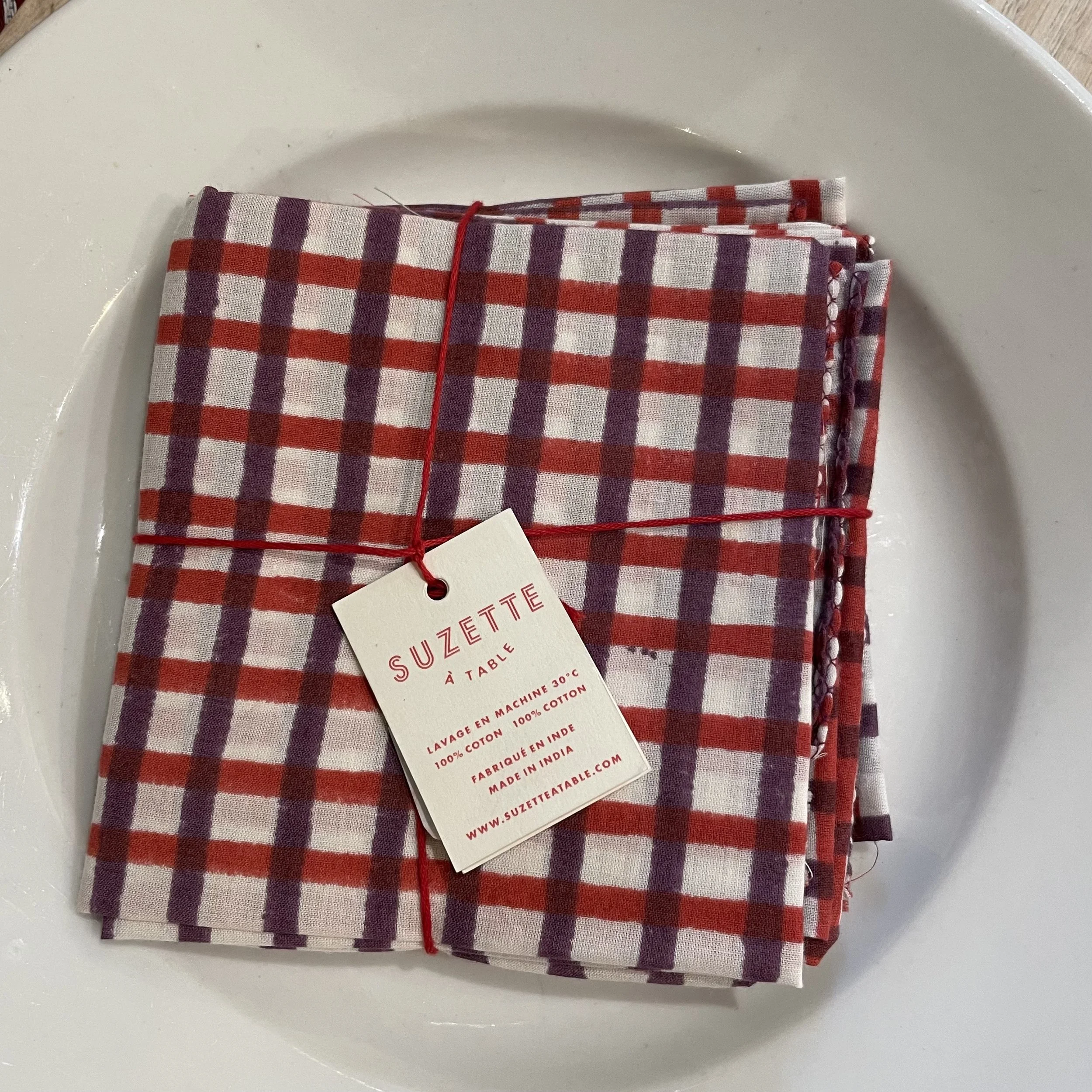 Série de 4 serviettes Suzette carreaux framboise et prune