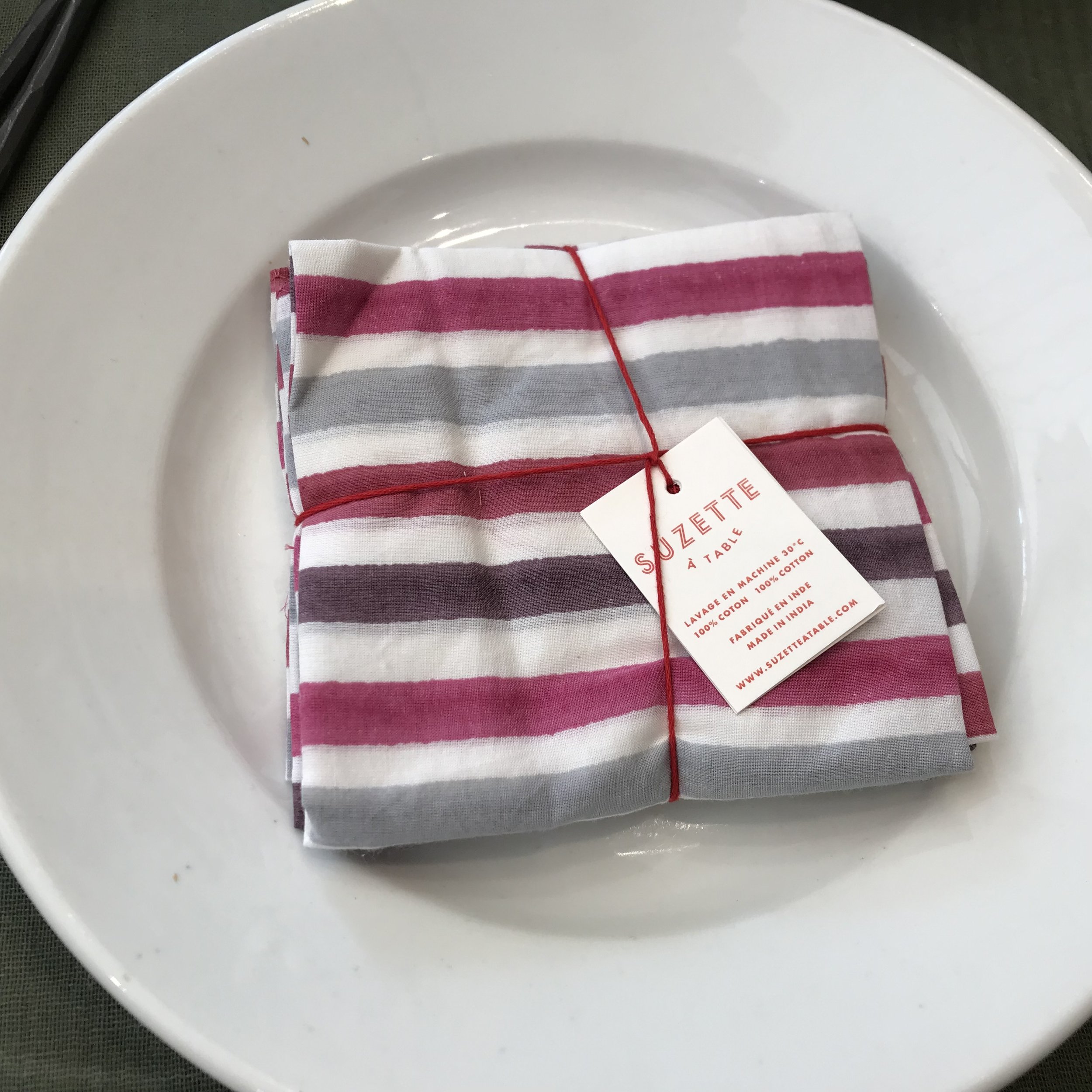 Série de 4 serviettes Suzette rayées framboise gris prune