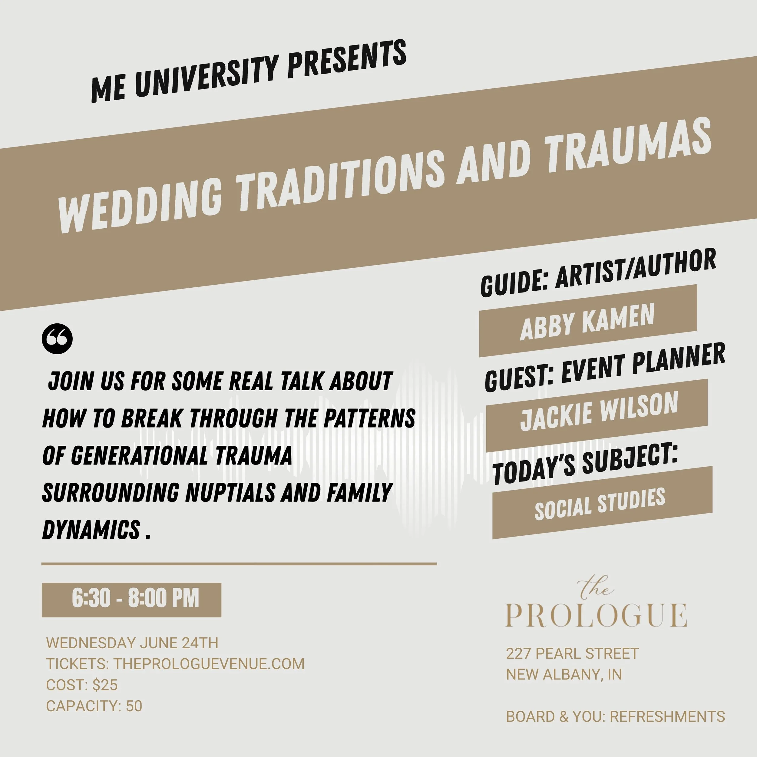 let&rsquo;s have the conversation nobody wants to have at the wedding.

i&rsquo;m honored to be joining artist &amp; author @abbykamen on the panel for me university&rsquo;s &ldquo;wedding traditions &amp; traumas&rdquo; &mdash; real talk about the g