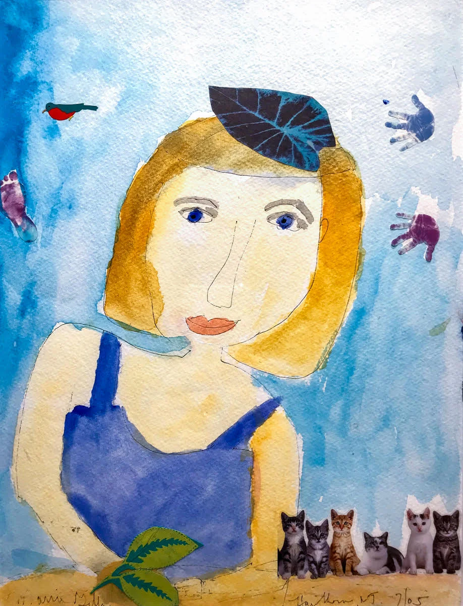 Cat Woman with Leaf Hat mixed media on paper 11x14 $400