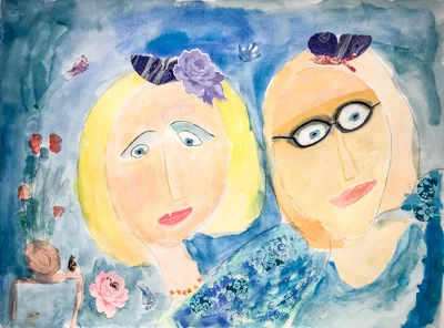 Women in Eyeglasses and Lavender Rose mixed media on paper 18 x 24 $700